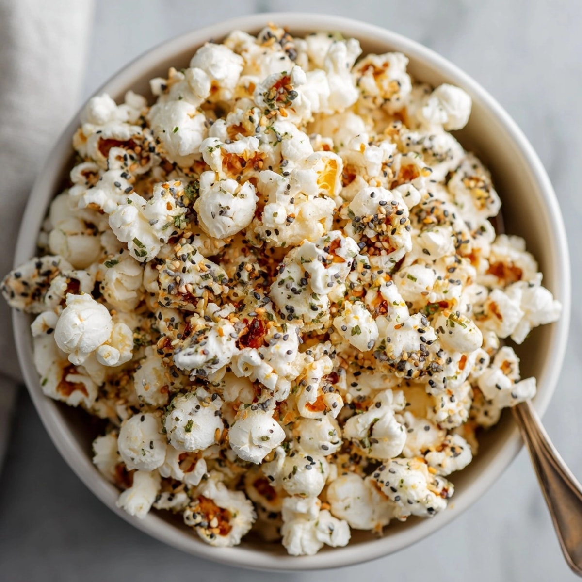 Crunchy Everything Bagel Popcorn recipe coated in savory spices, perfect for movie night snacking.