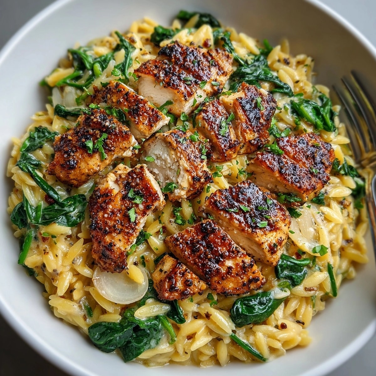 Skillet Creamy Chicken & Spinach Orzo recipe: golden chicken, wilted spinach, and pearly orzo pasta.