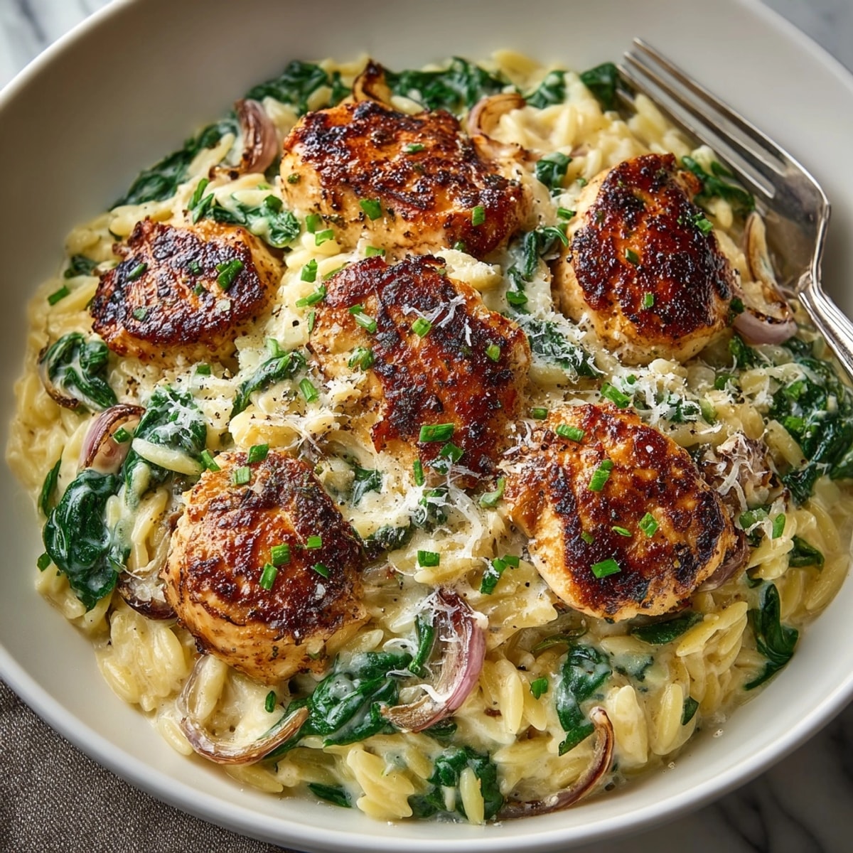 Creamy Skillet Chicken &amp; Spinach Orzo shines: served in rustic pan, ready to eat.