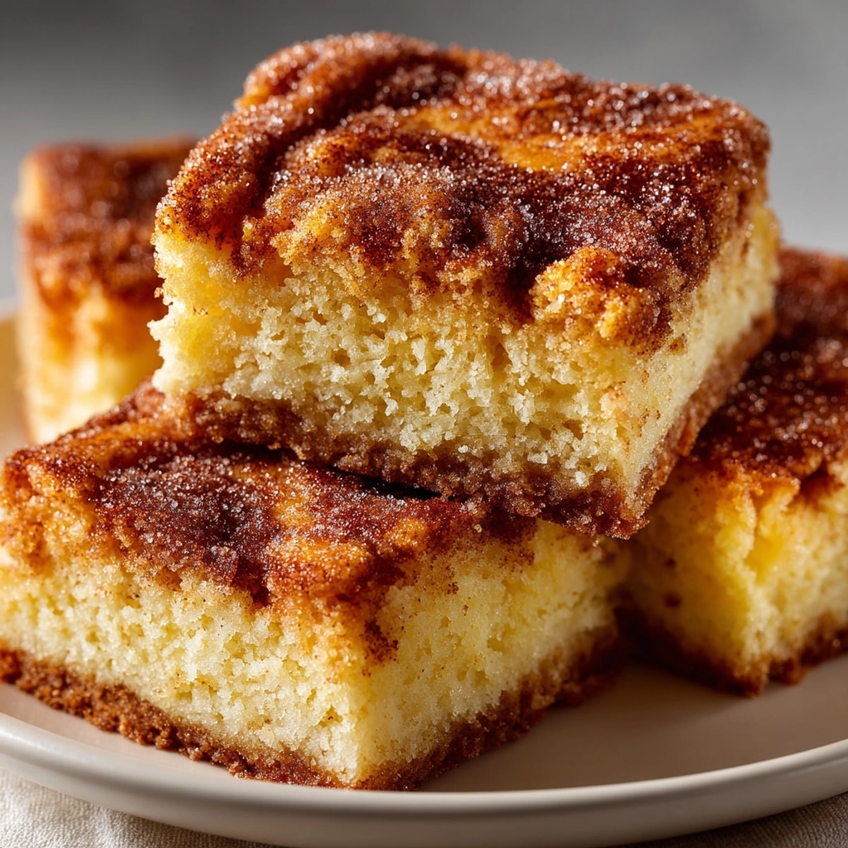 Warm, gooey Cinnamon Sugar Snickerdoodle Blondies, ready to slice and serve with vanilla ice cream.