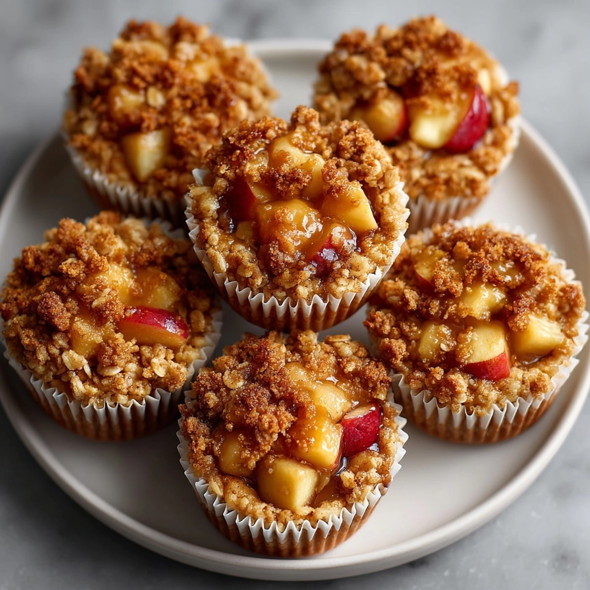 Golden Mini Apple Oatmeal Crumble Cups warm from the oven, cozy autumn dessert.