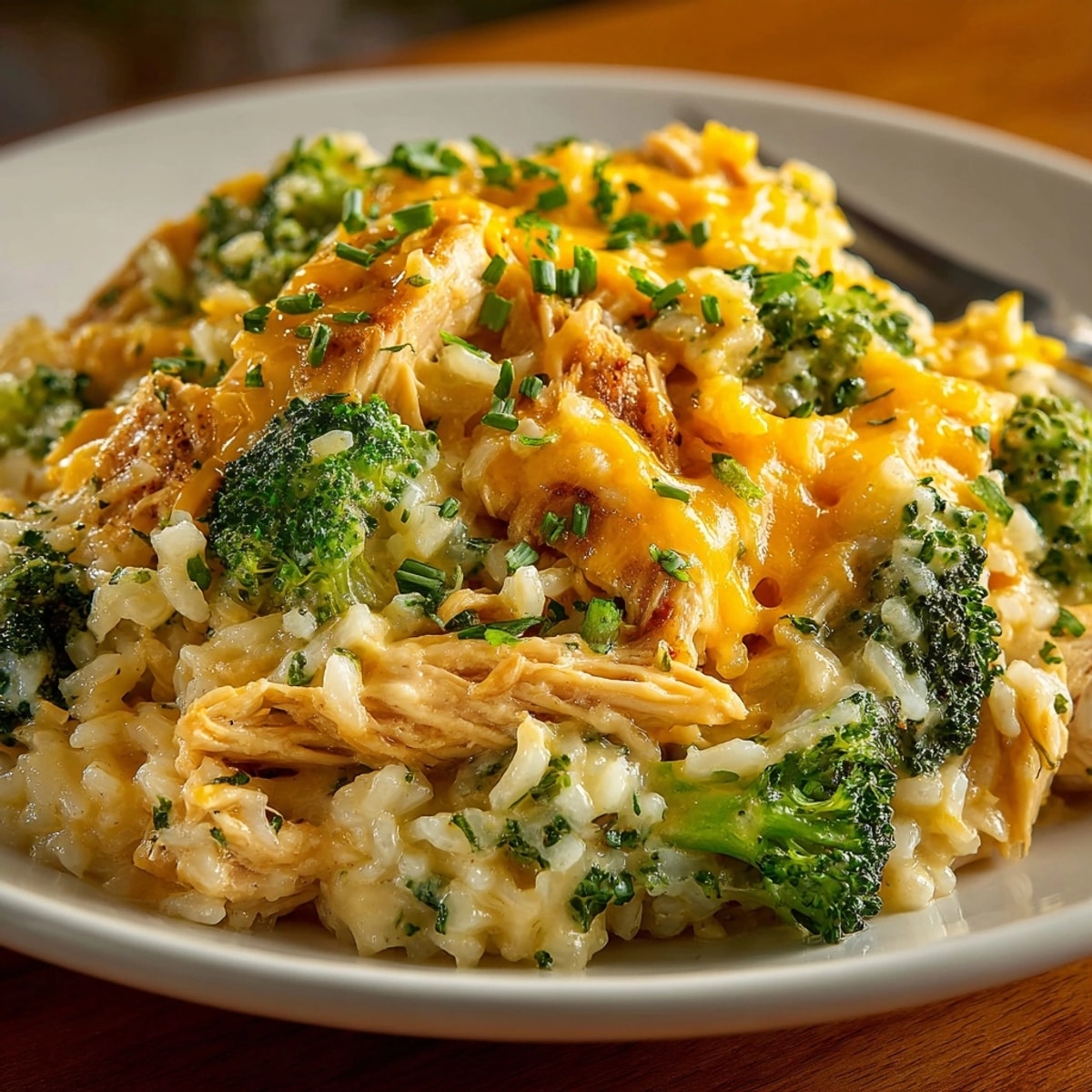 Creamy one-pot cheesy broccoli chicken rice recipe, bubbling hot and ready to serve.