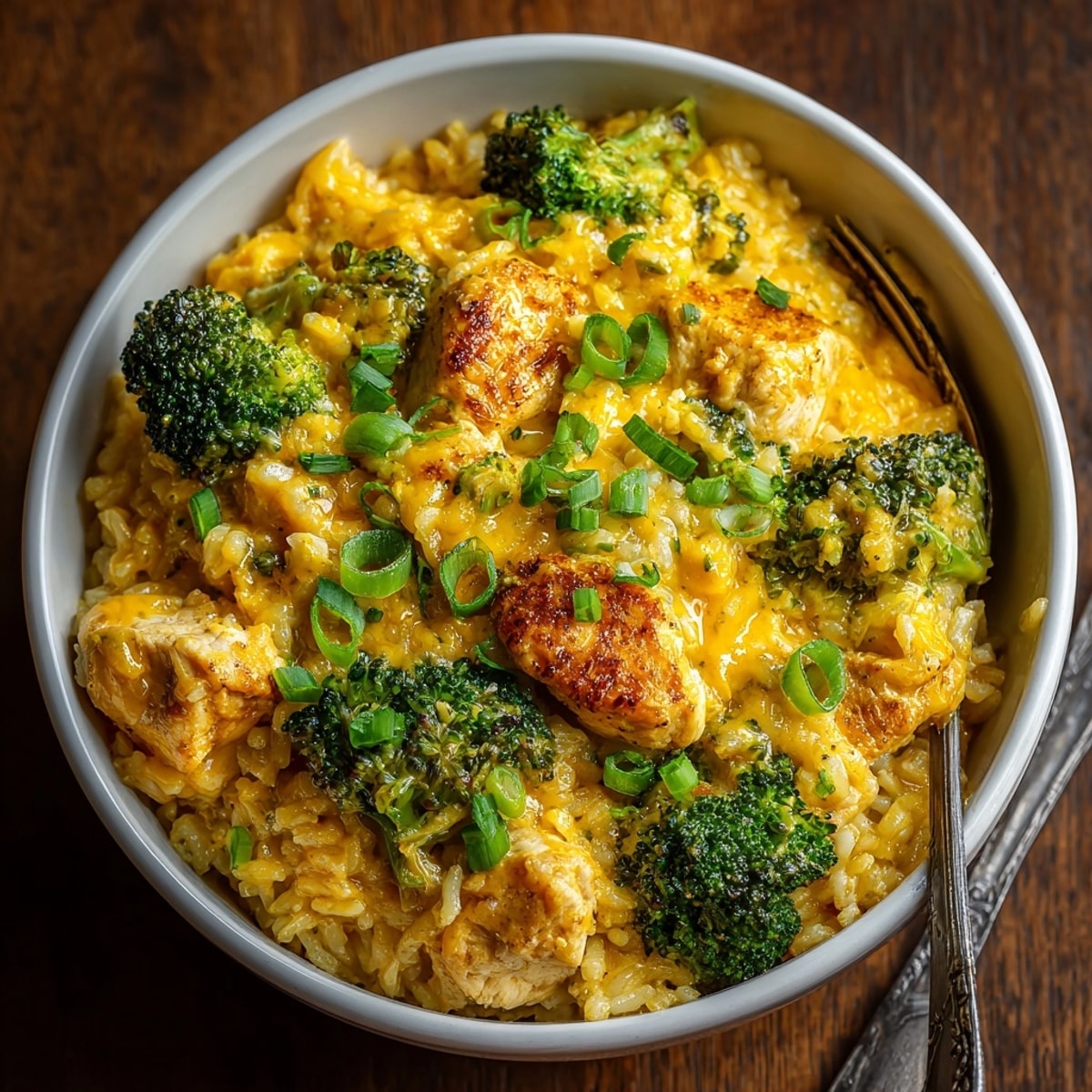 Golden, cheesy topping on one-pot cheesy broccoli chicken rice—comfort food perfection!