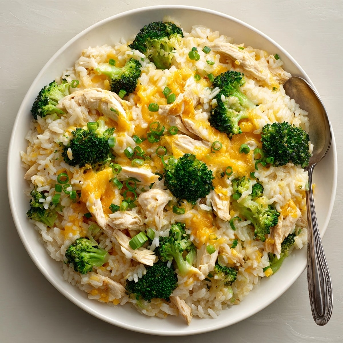 Scoop of warm, satisfying one-pot cheesy broccoli chicken rice, a complete meal.