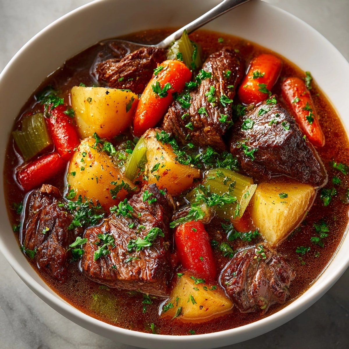 Close-up of steaming, hearty Beef & Vegetable Stew, promising a warm, savory meal.