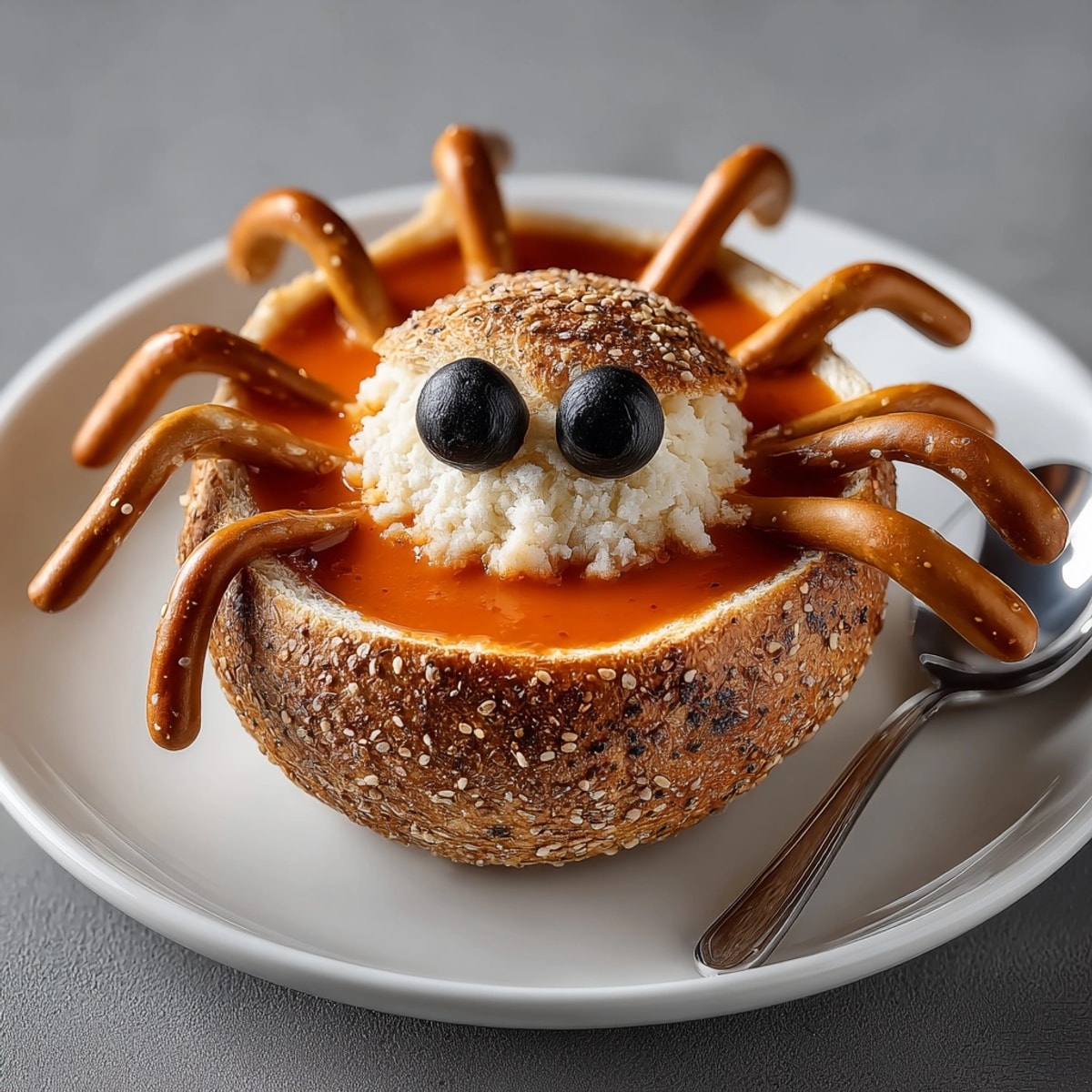 Halloween party appetizer: Spider Bread Bowl with its rich tomato soup dip, ready to serve.
