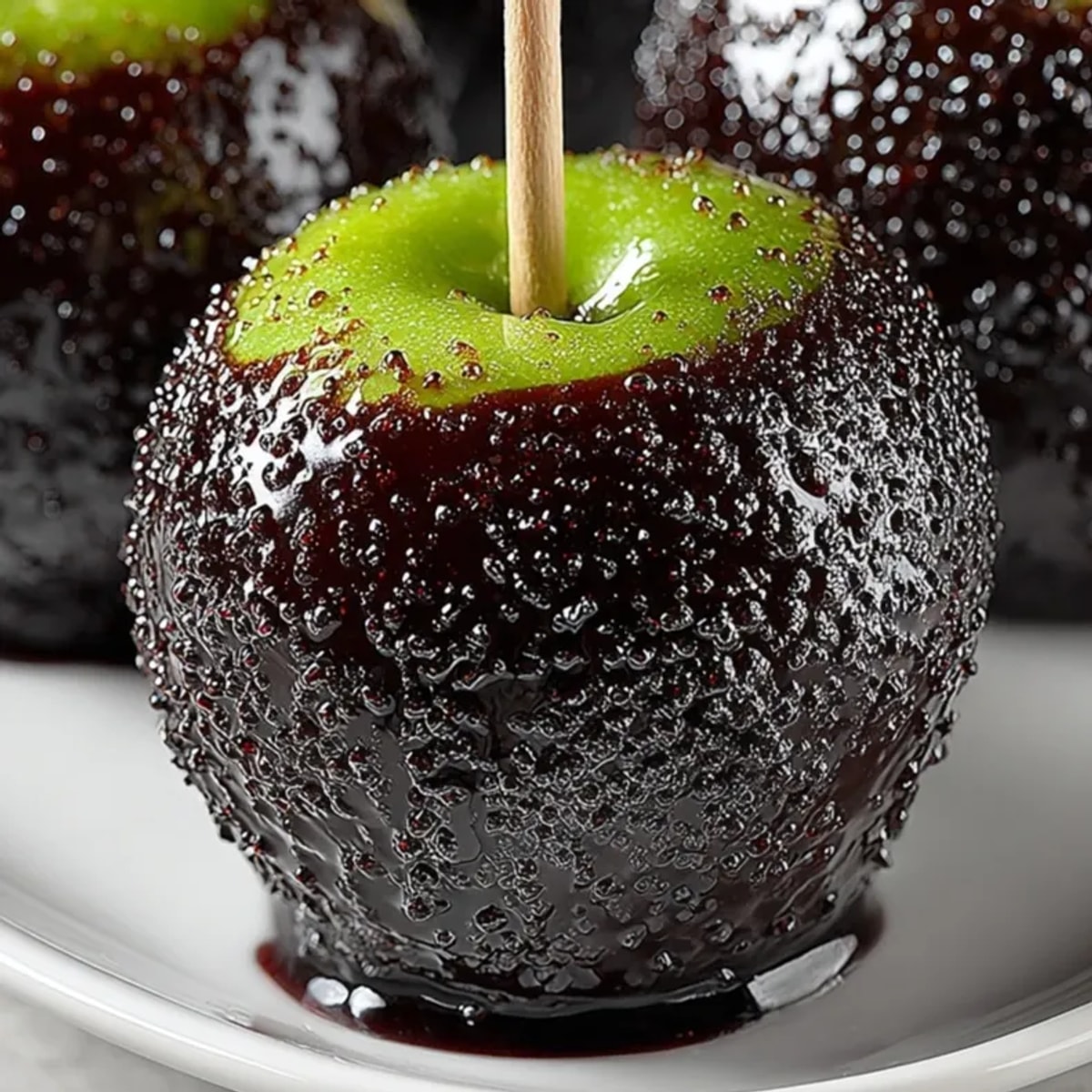 Deliciously dark Black Poison Candy Apples cooling on parchment; a Halloween treat.