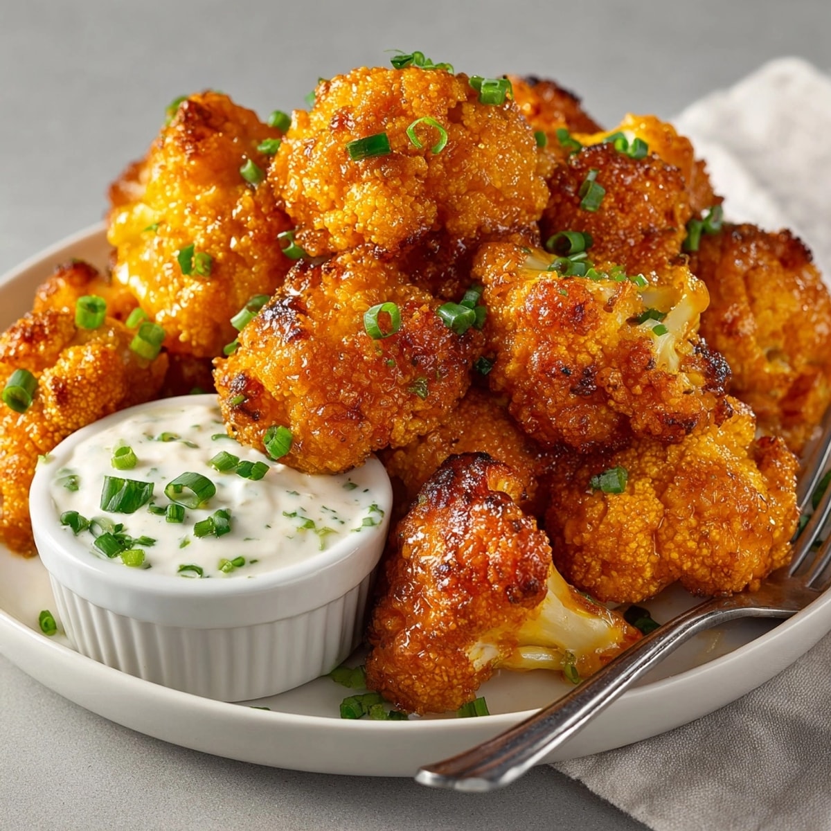 Crispy Buffalo Cauliflower Bites with creamy Ranch, ready for game day snacking.