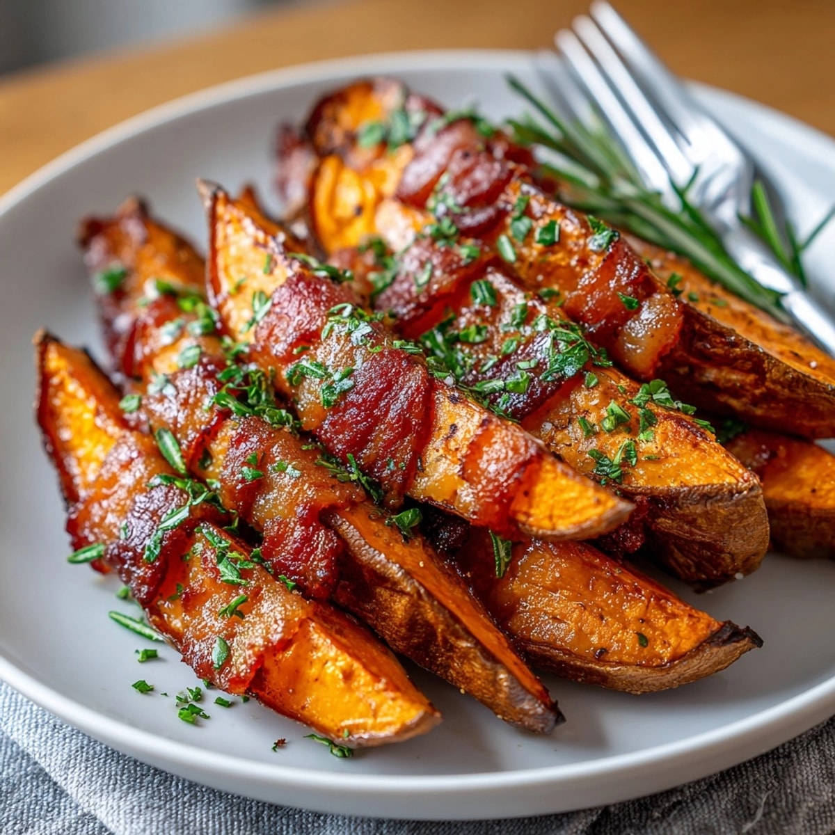 Crispy bacon-wrapped sweet potato wedges, glistening with maple syrup, perfect game day snack.