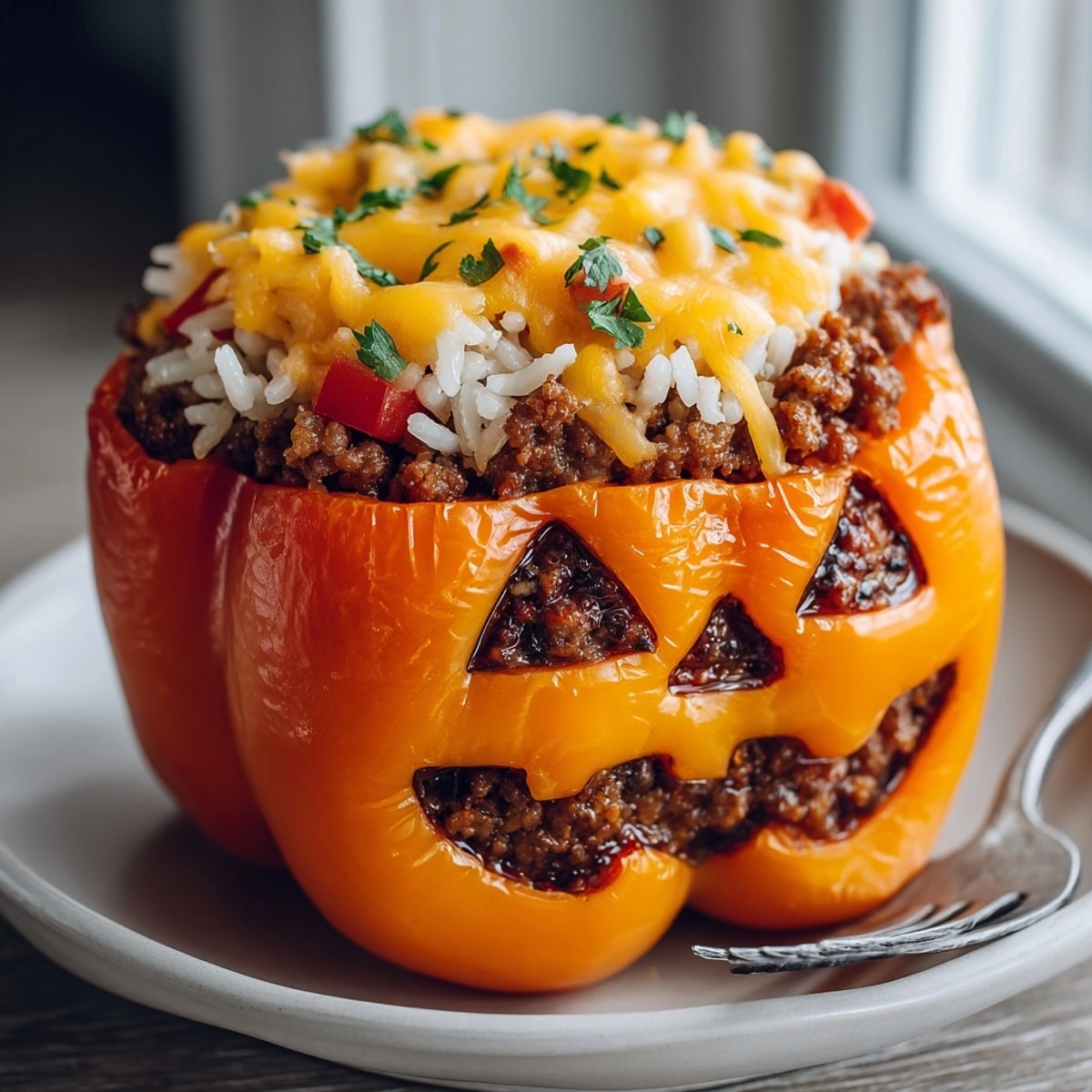 Close-up of a Halloween Stuffed Pepper Jack-O’-Lantern, revealing cheesy, savory filling inside the carved pepper.