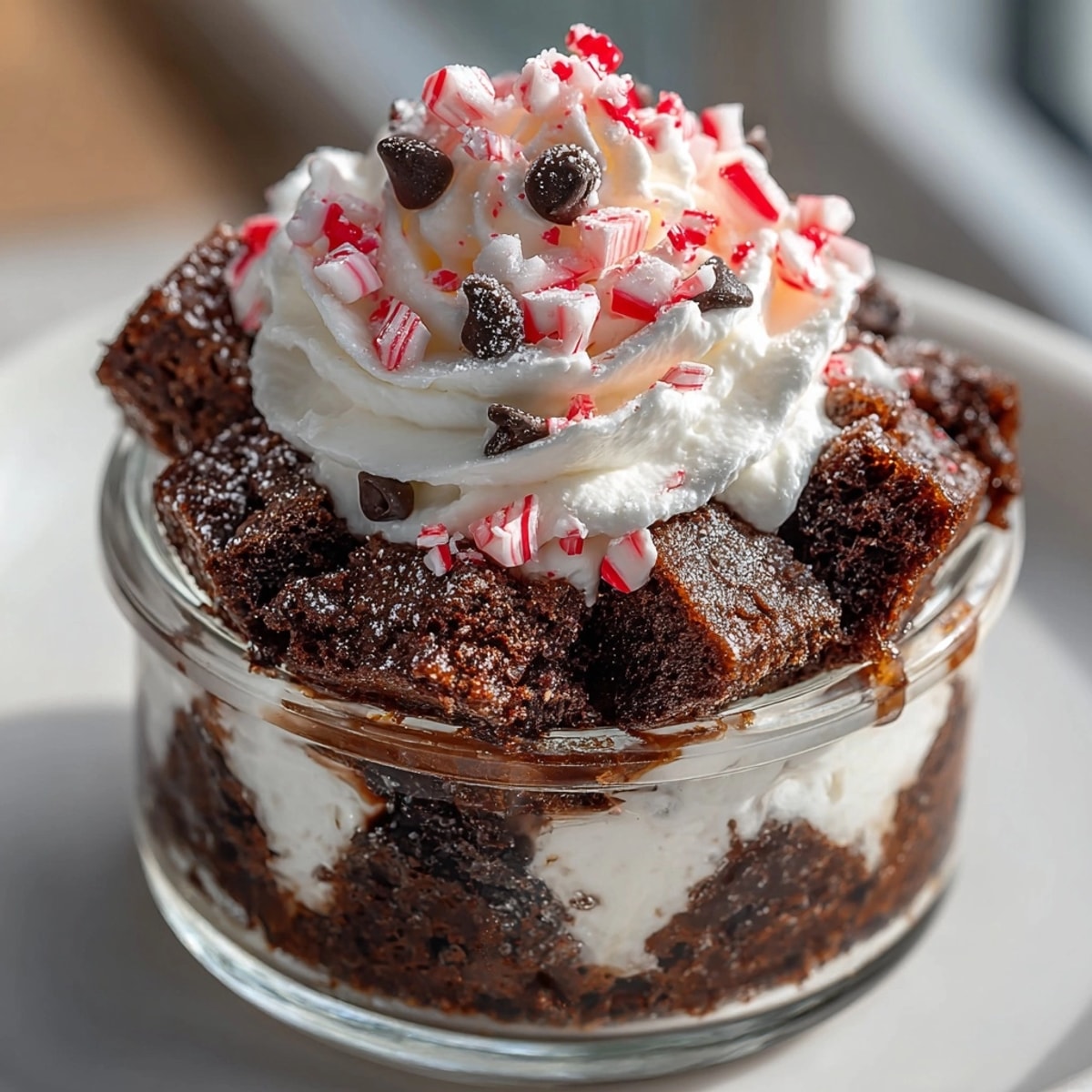 Candy Cane Brownie Trifle Jars: swirled layers of peppermint cream, brownies, candy canes.