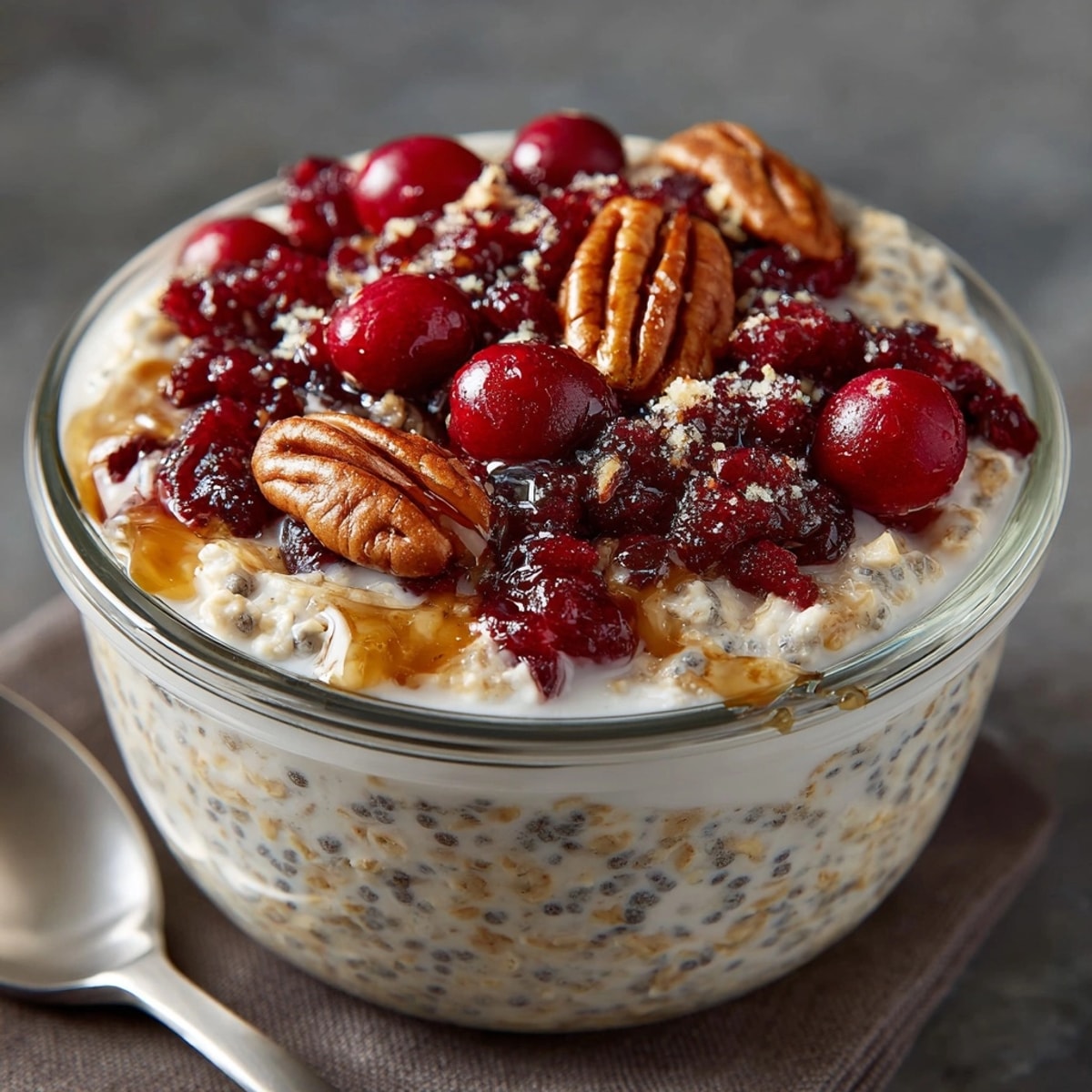 Creamy Cranberry Pecan Overnight Oats: a jar filled, ready to eat at breakfast.