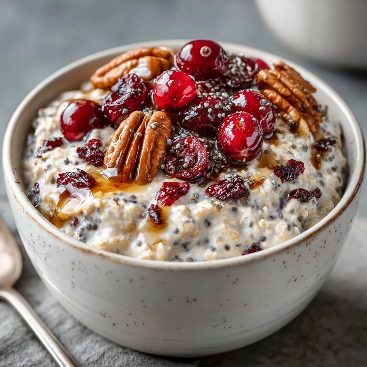 Delicious Cranberry Pecan Overnight Oats in a glass, garnished with fresh berries.
