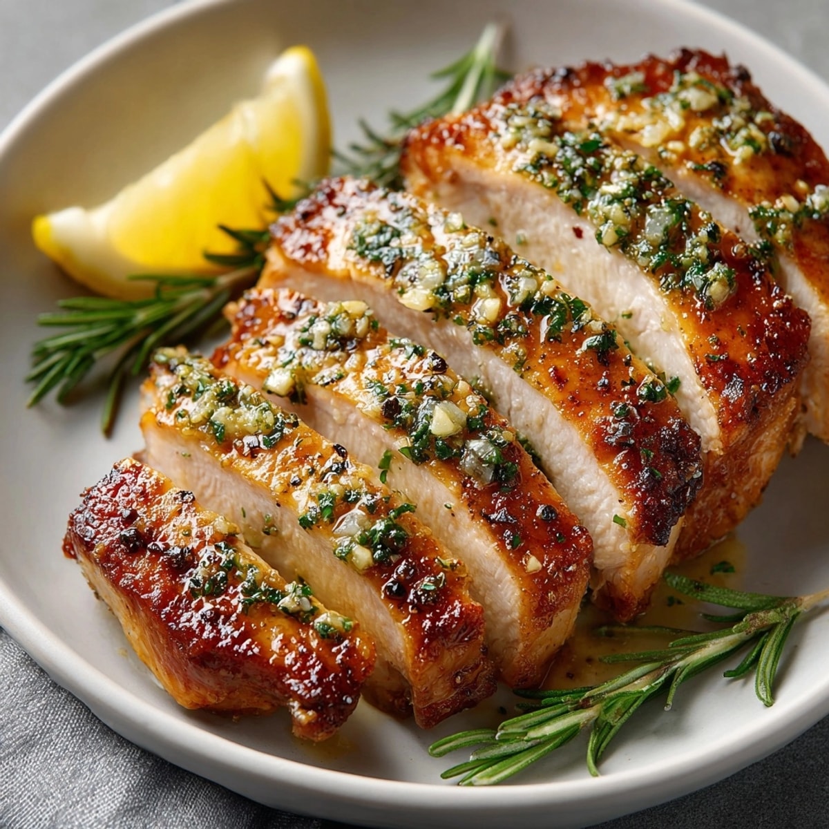 Golden Air Fryer Herb Butter Turkey Breast, glistening with melted butter, ready to carve.