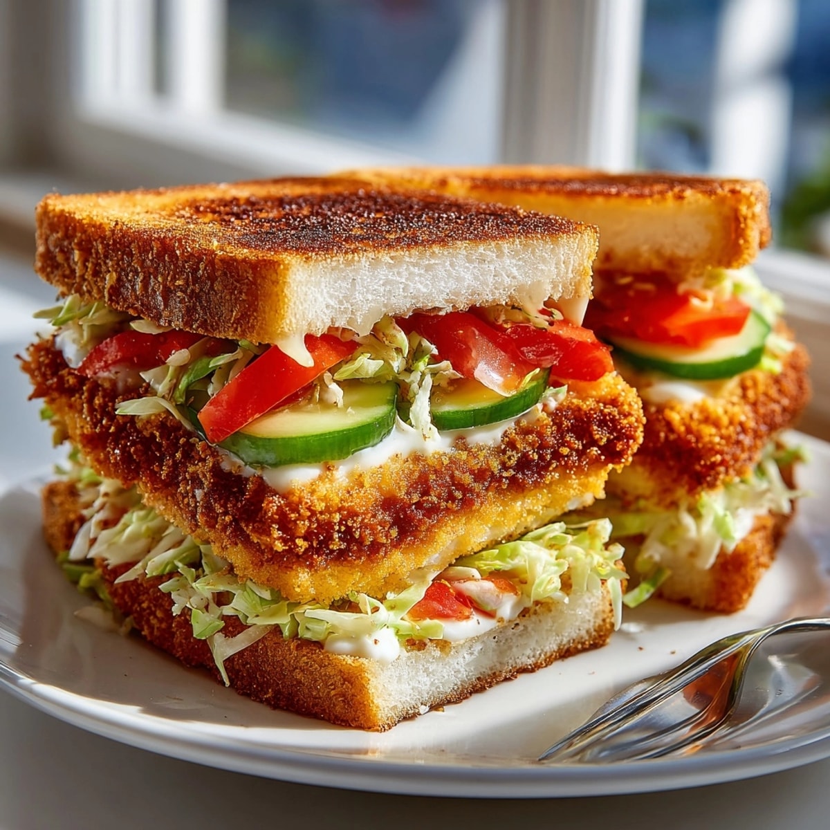 Stacked Tofu Katsu Sandwich recipe featuring layers of crunchy cabbage, creamy sauce, and fried tofu.
