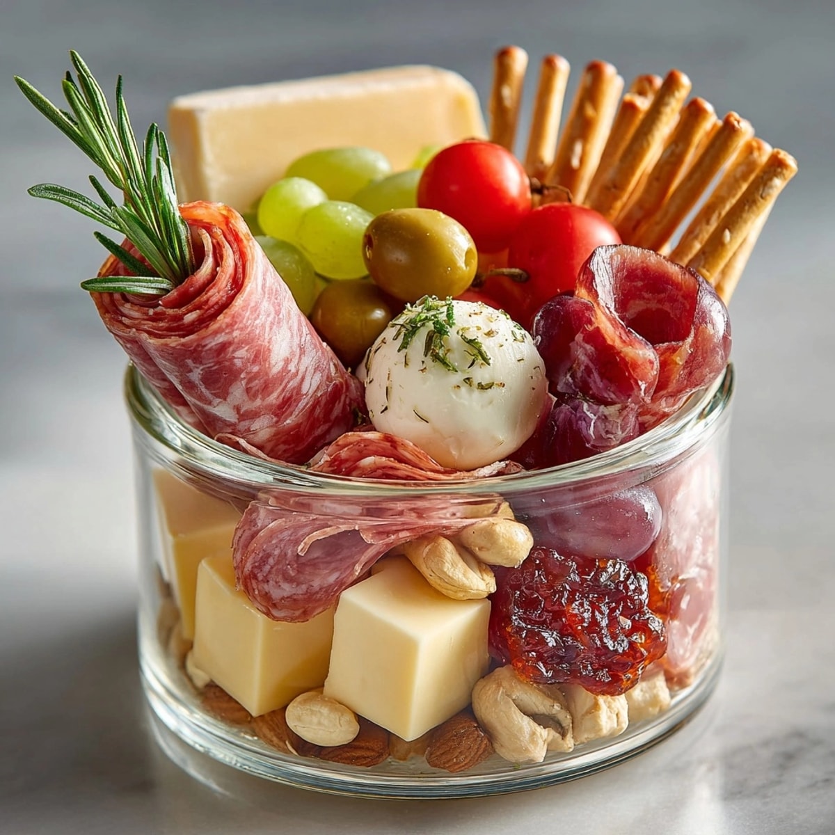 Individual Charcuterie Cups: bite-sized appetizers filled with savory meats, cheeses, and colorful fruits.