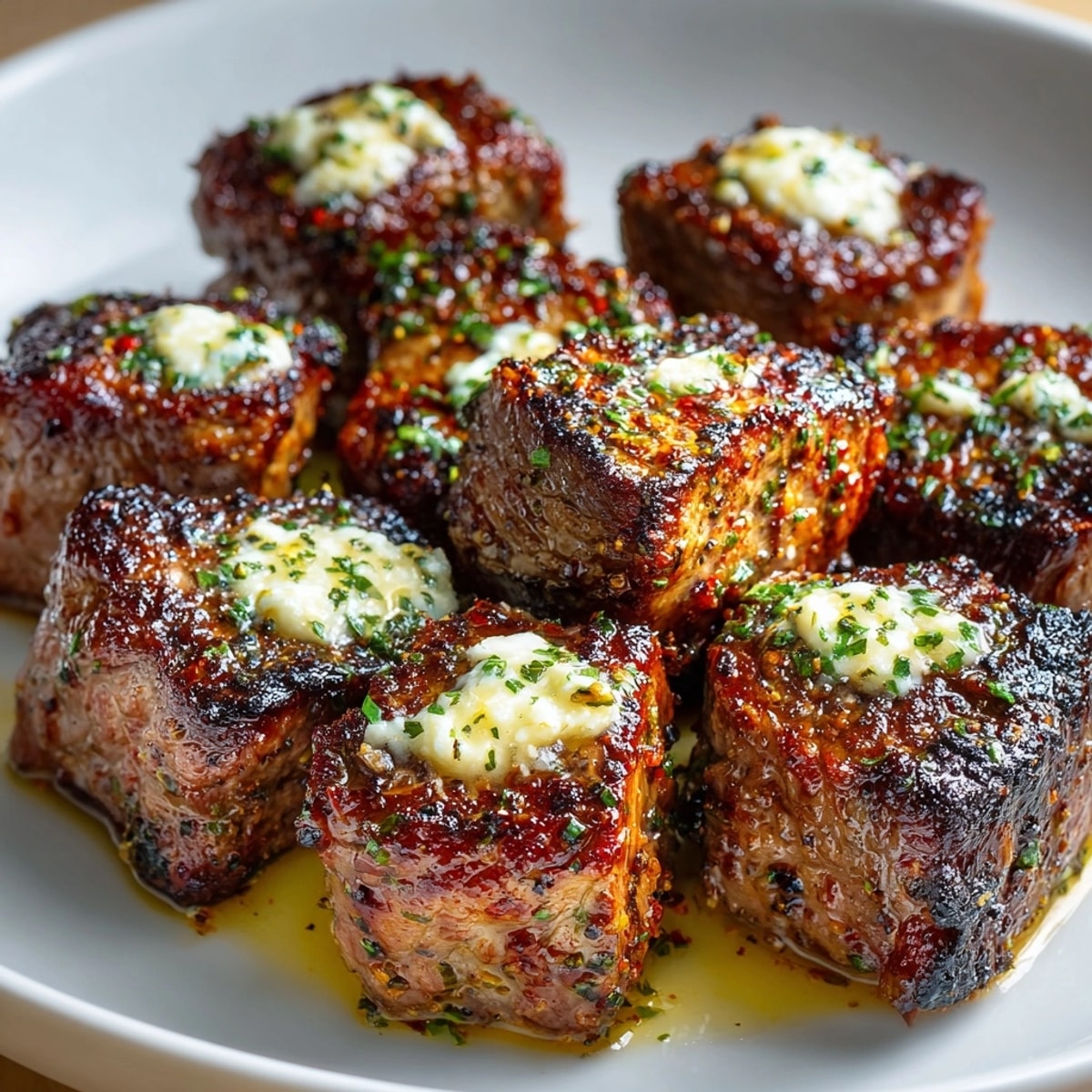 Close-up of tender Cowboy Butter Steak Bites with fresh herbs—an irresistible meal.