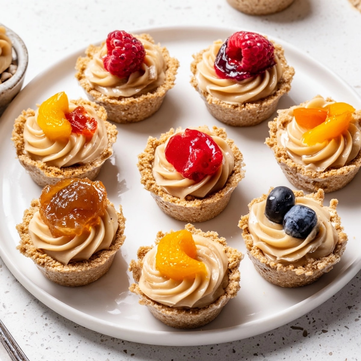 Close-up of delectable No-Bake Cheesecake Bites topped with shiny red berries.