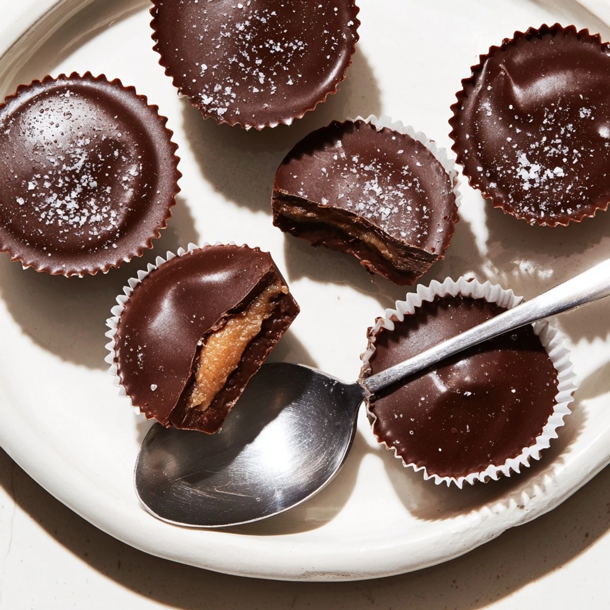 Homemade Chocolate Peanut Butter Cups: Rich chocolate shells reveal creamy fillings.
