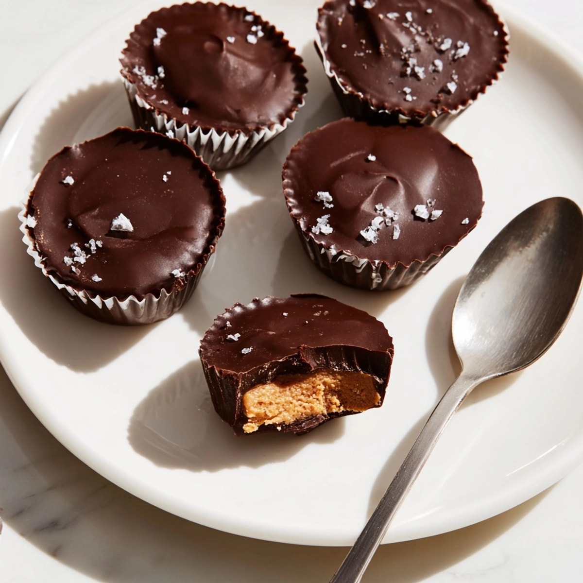 Elevated view of several chilled, fudgy Chocolate Peanut Butter Cups arranged after preparation.