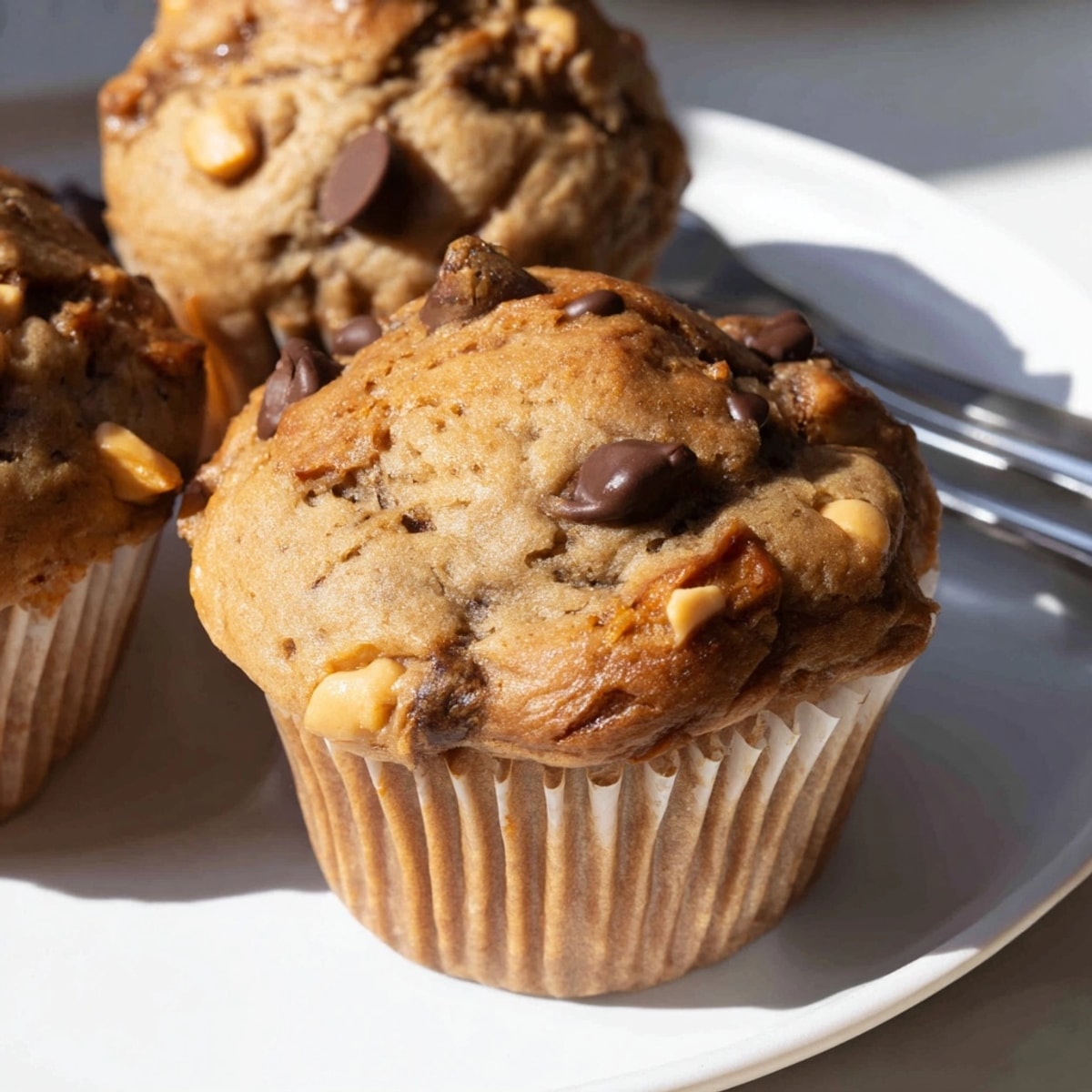 Golden-brown Peanut Butter Banana Muffins cooling on a wire rack, ready to eat.