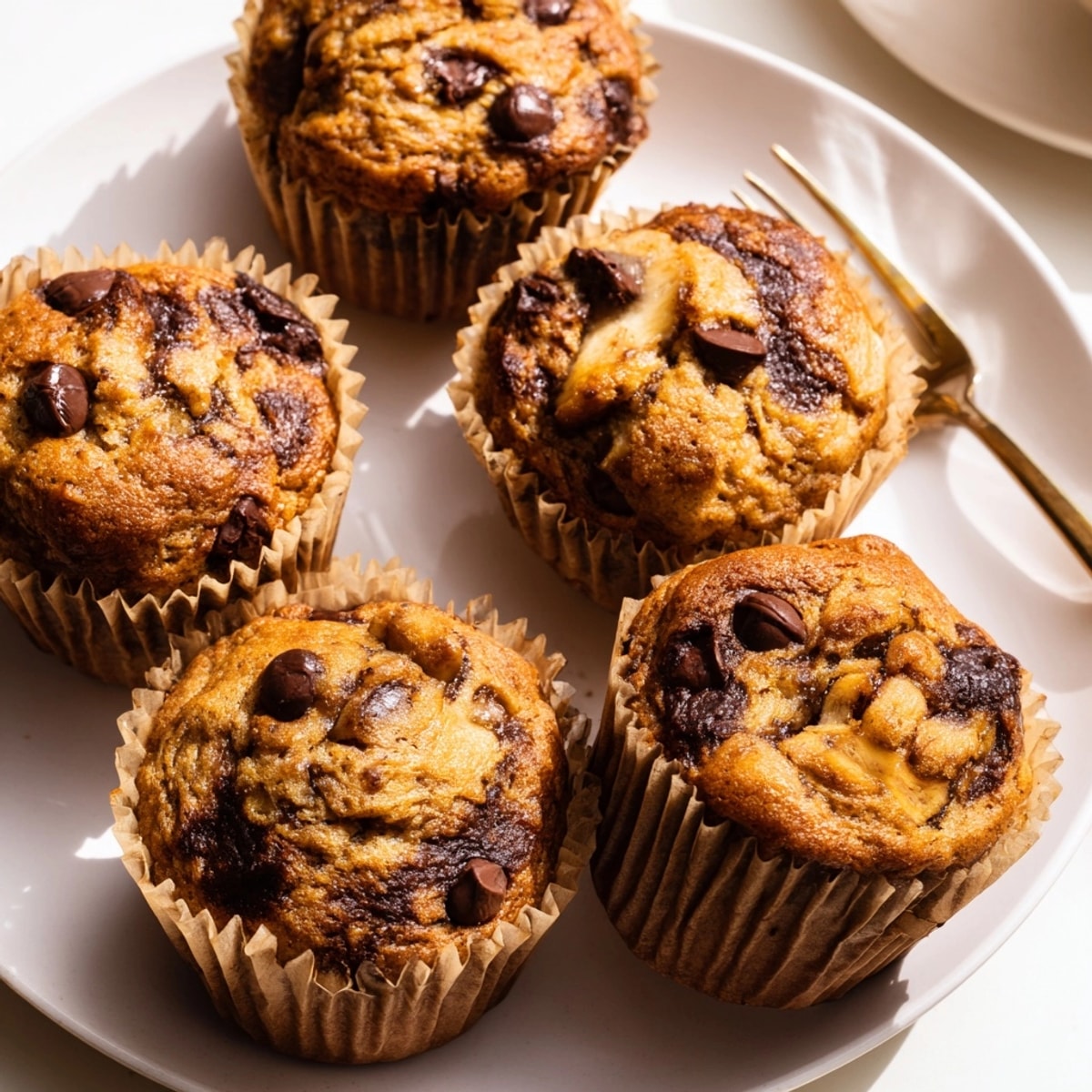 Close-up of a Peanut Butter Banana Muffin revealing moist crumb and melted chocolate chips.