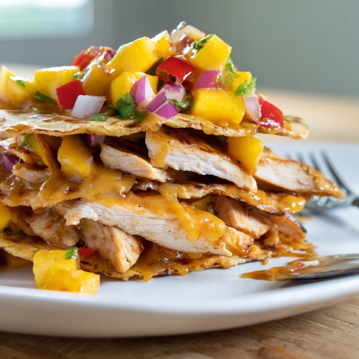 Mango BBQ Chicken Tortilla Stacks sizzling on the grill, a colorful Tex-Mex feast.
