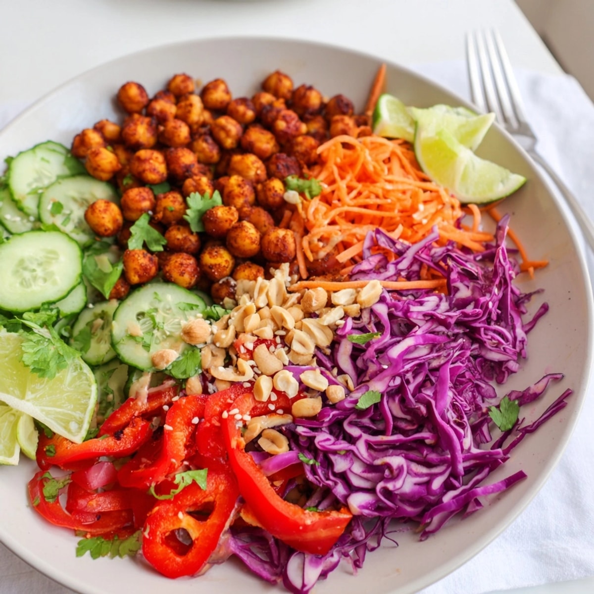 Close-up captures a colorful and crunchy Thai Peanut Toasted Chickpea Salad.
