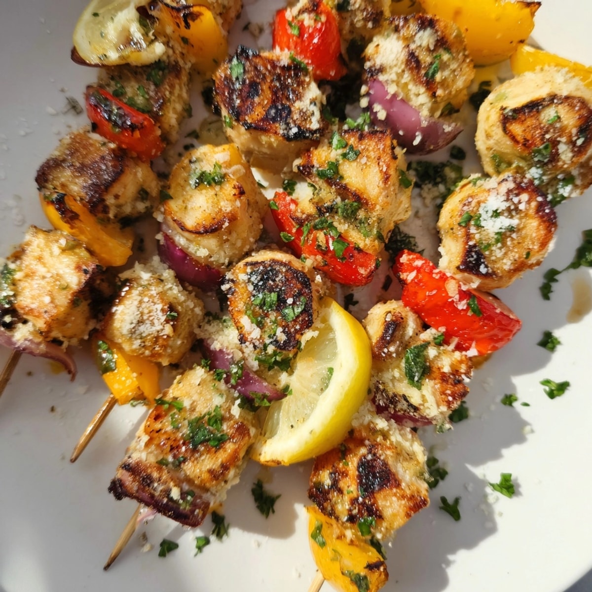 Grilled Garlic Parmesan Chicken Kabobs sizzling on the BBQ, alongside vibrant bell peppers.