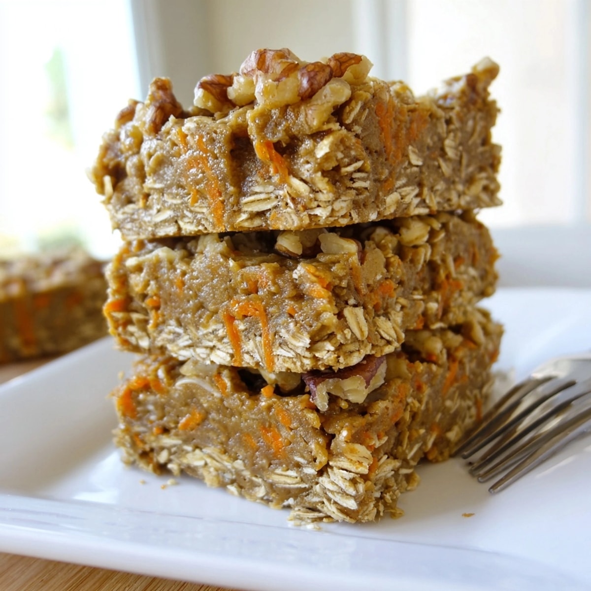 Golden Peanut Butter Carrot Cake Oat Bars, warm from the oven, ready to slice.