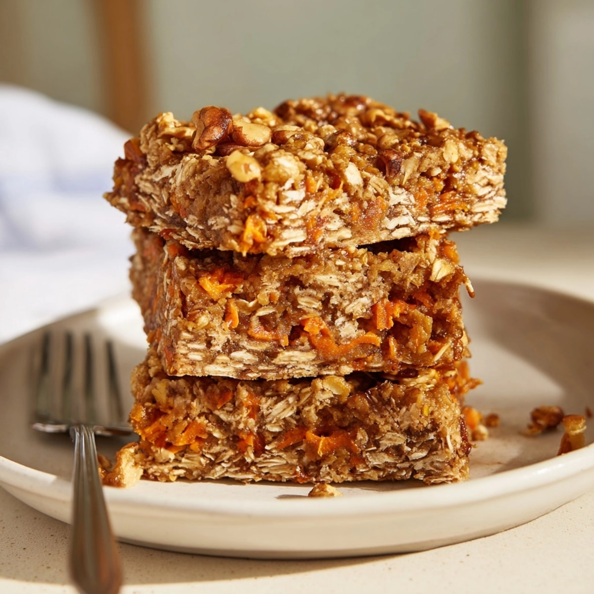 Homemade Peanut Butter Carrot Cake Oat Bars, a healthy grab-and-go breakfast treat.