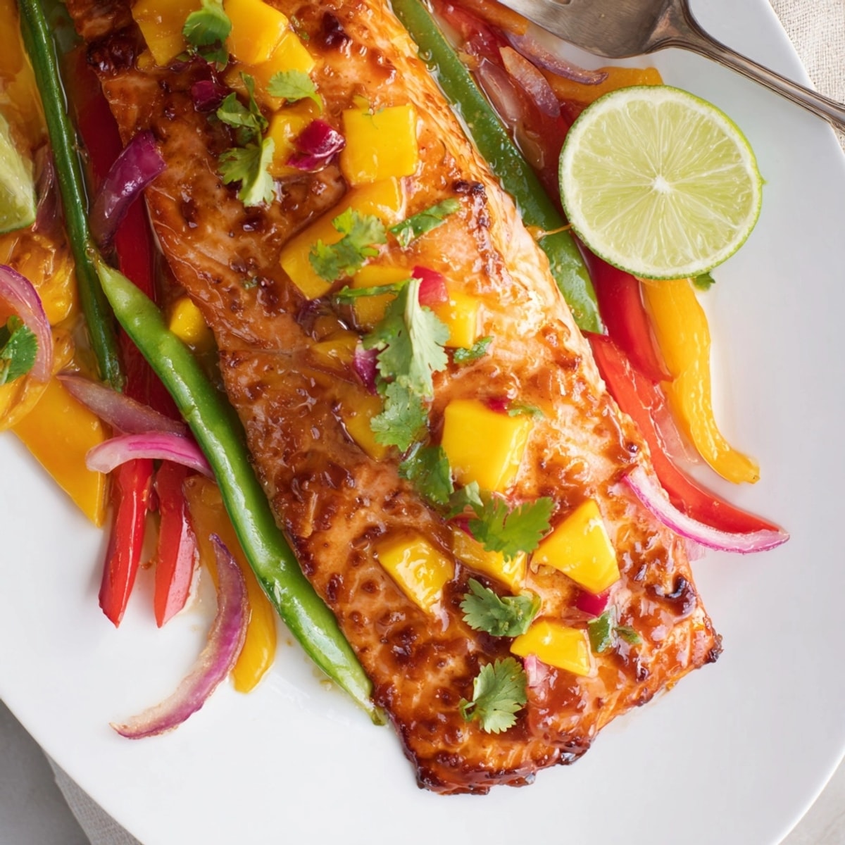 Freshly baked Mango Lime Salmon Sheet Pan with cilantro garnish and lime wedges.