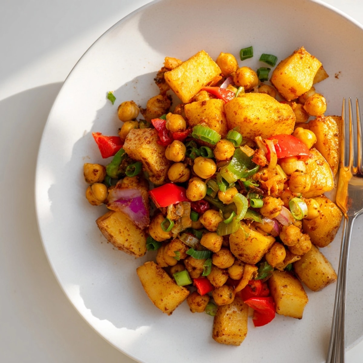A skillet of Cajun Chickpea Breakfast Hash, seasoned chickpeas and colorful bell peppers.
