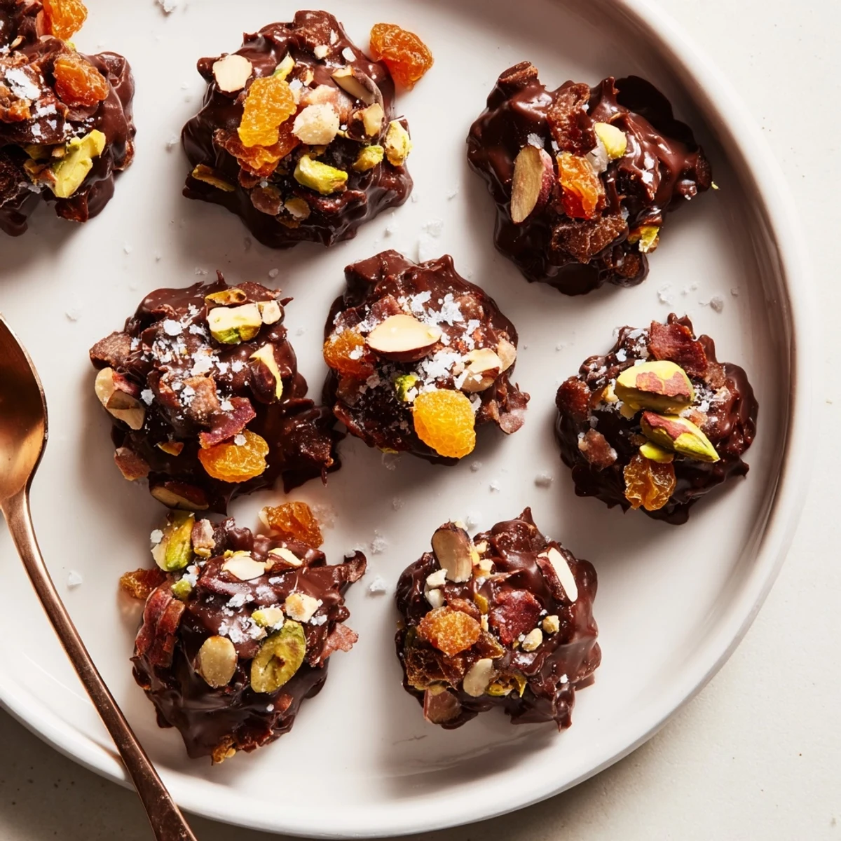 Decadent Charcuterie Board Fudge Clusters topped with sea salt and vibrant dried fruits.  