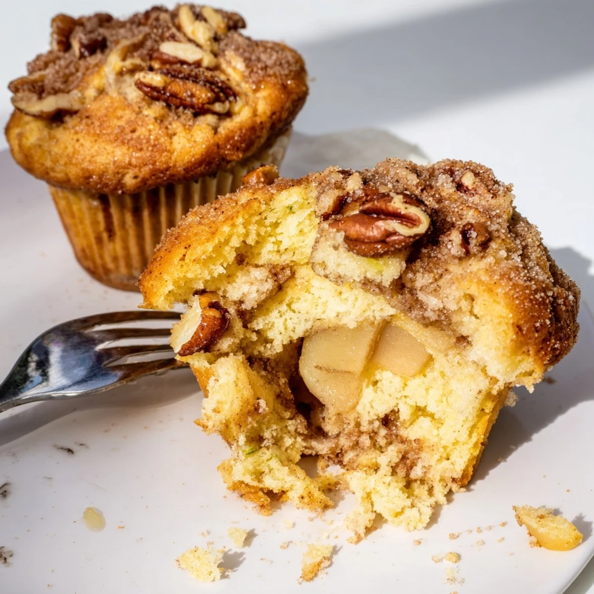 Golden-brown Caramel Apple Chunk Muffins with a crunchy topping and warm spices.  