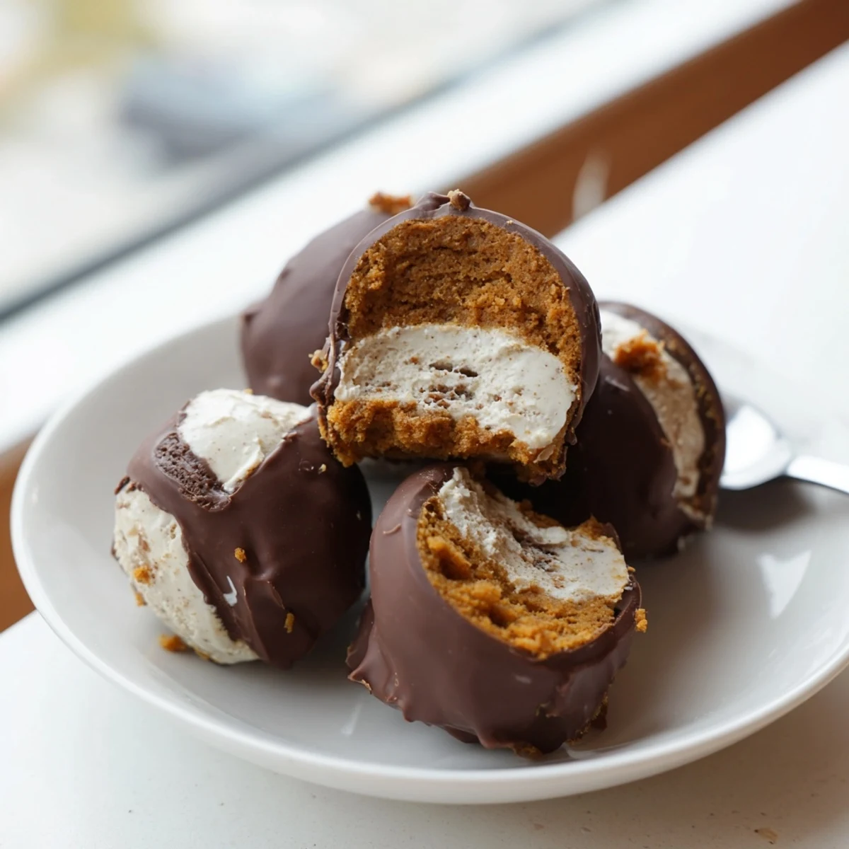 Gingerbread pumpkin muffin ice cream bites dipped in chocolate, perfect for festive desserts.  