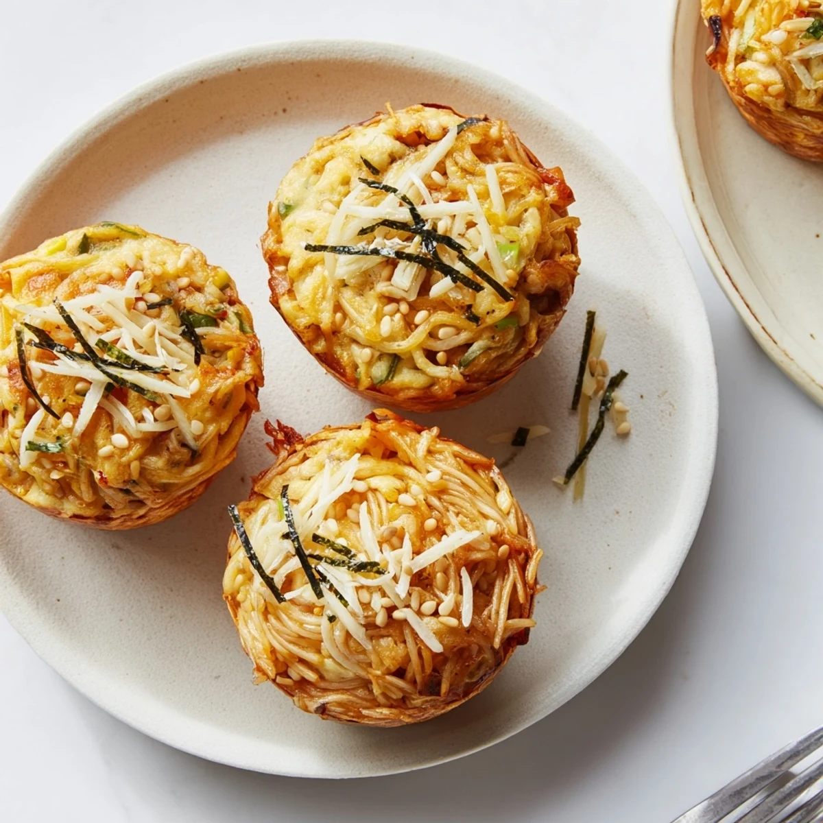 Savory Japanese Ramen Egg Muffins topped with sesame seeds and nori flakes.  