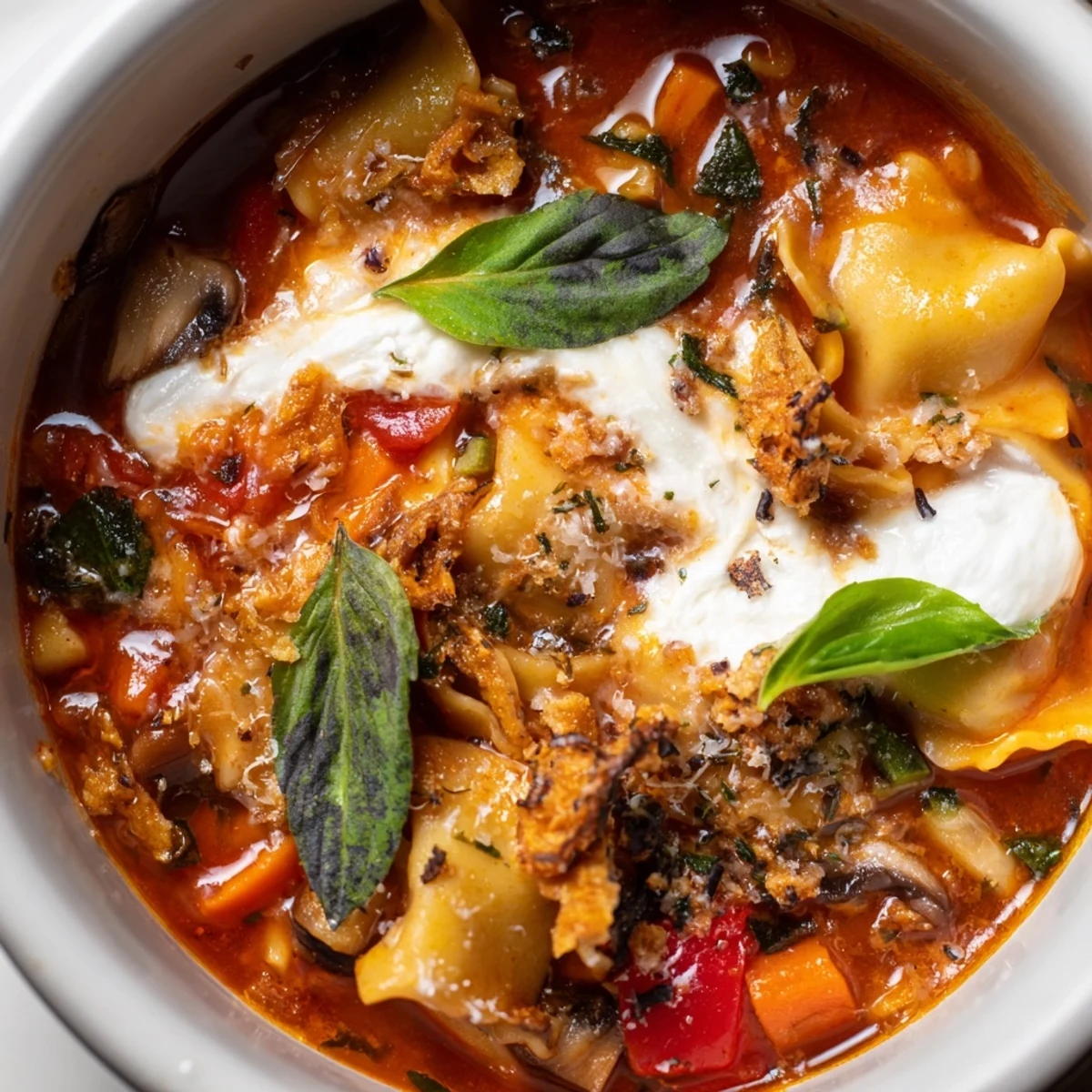 Comforting lasagne soup bursting with flavor and crispy mushroom toppings for crunch.  