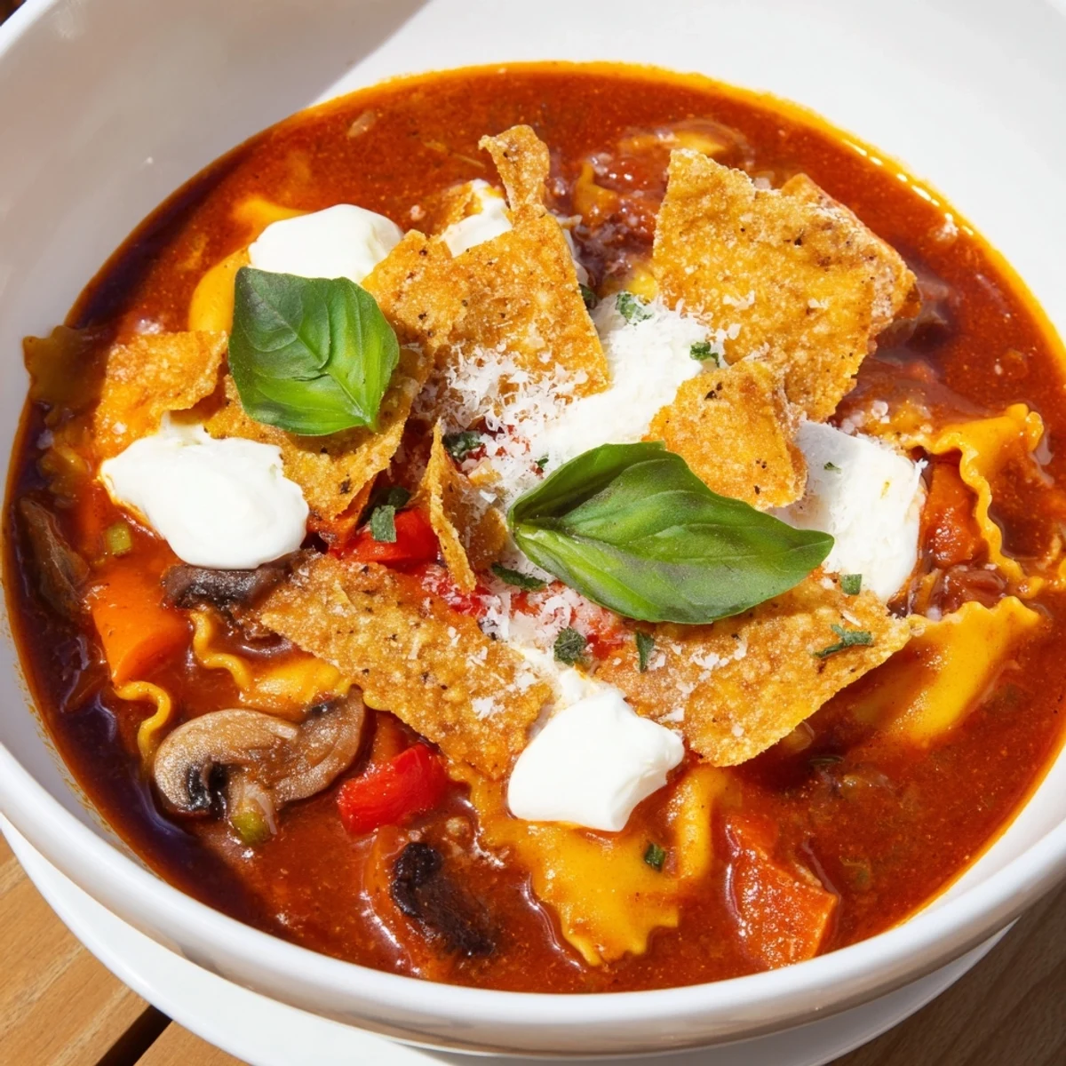 Warm lasagne soup garnished with savory mushroom crisps, perfect for cozy dinners.