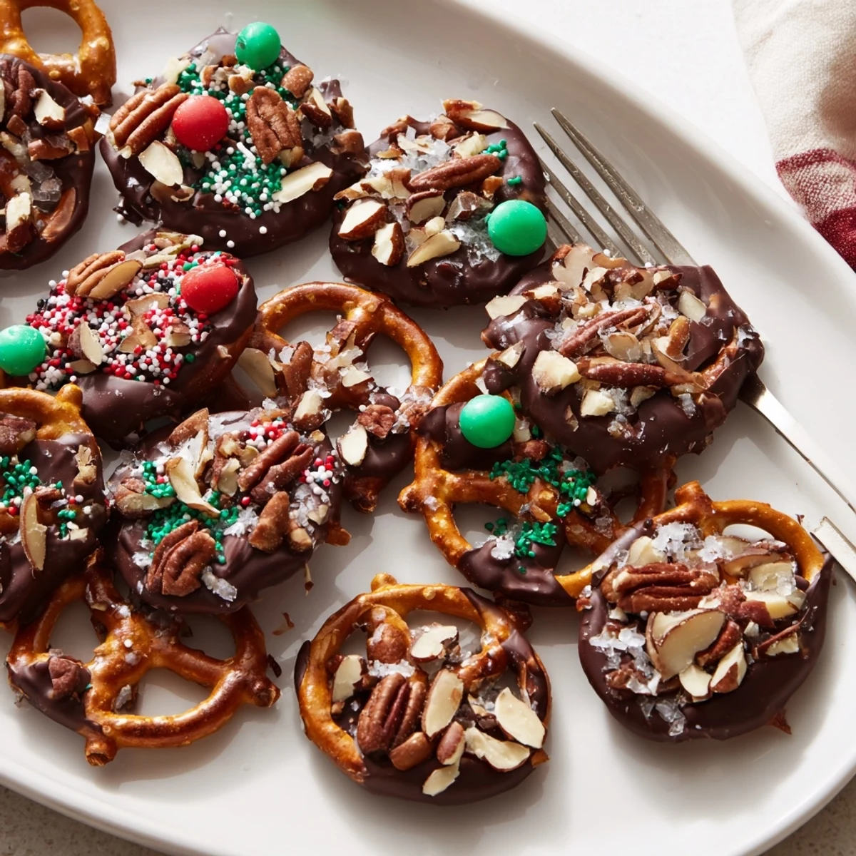 Crispy Holiday Snack Chocolate Pretzel Thins drizzled with colorful festive toppings.  