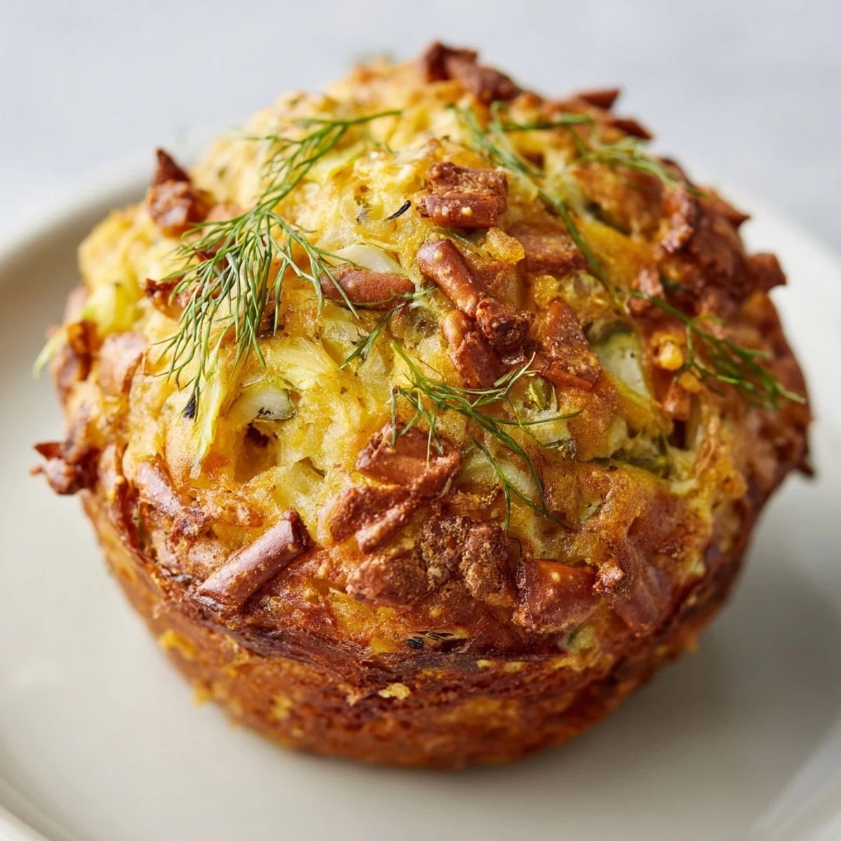Savory Dill Pickle Cheddar Pretzel Pancake Muffins baked to golden perfection, topped with crunchy pretzels.