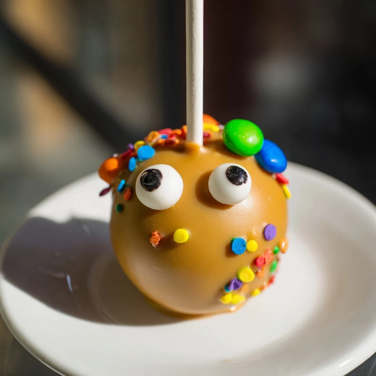 Fluffy Caramel Apple Cinnamon Monster Cake Pops adorned with playful candy eyes and sprinkles.  