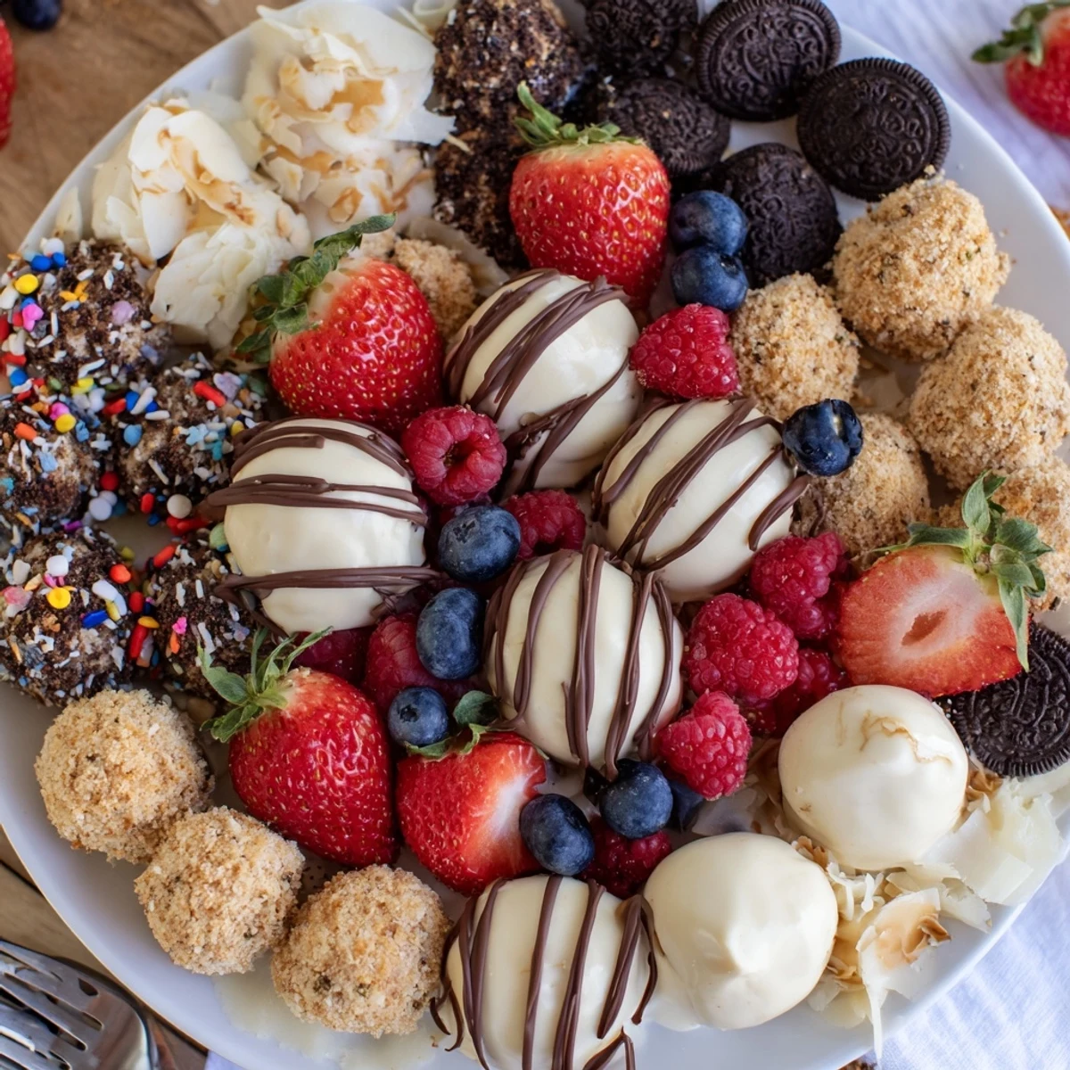 Deconstructed dessert board featuring creamy cheesecake bites and colorful, fresh toppings.