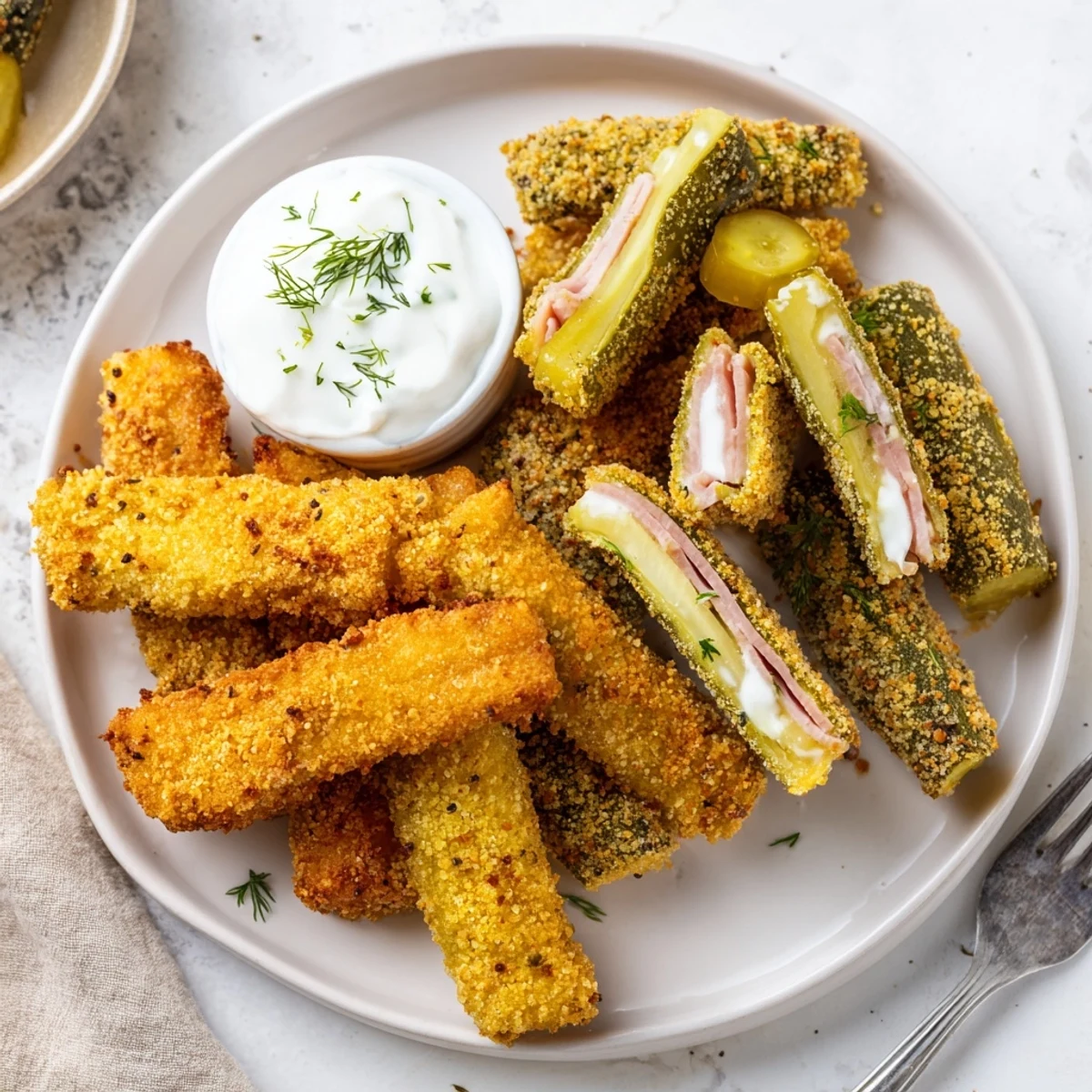 Crispy fried pickles served with assorted tangy pickled vegetables, perfect for sharing.  
