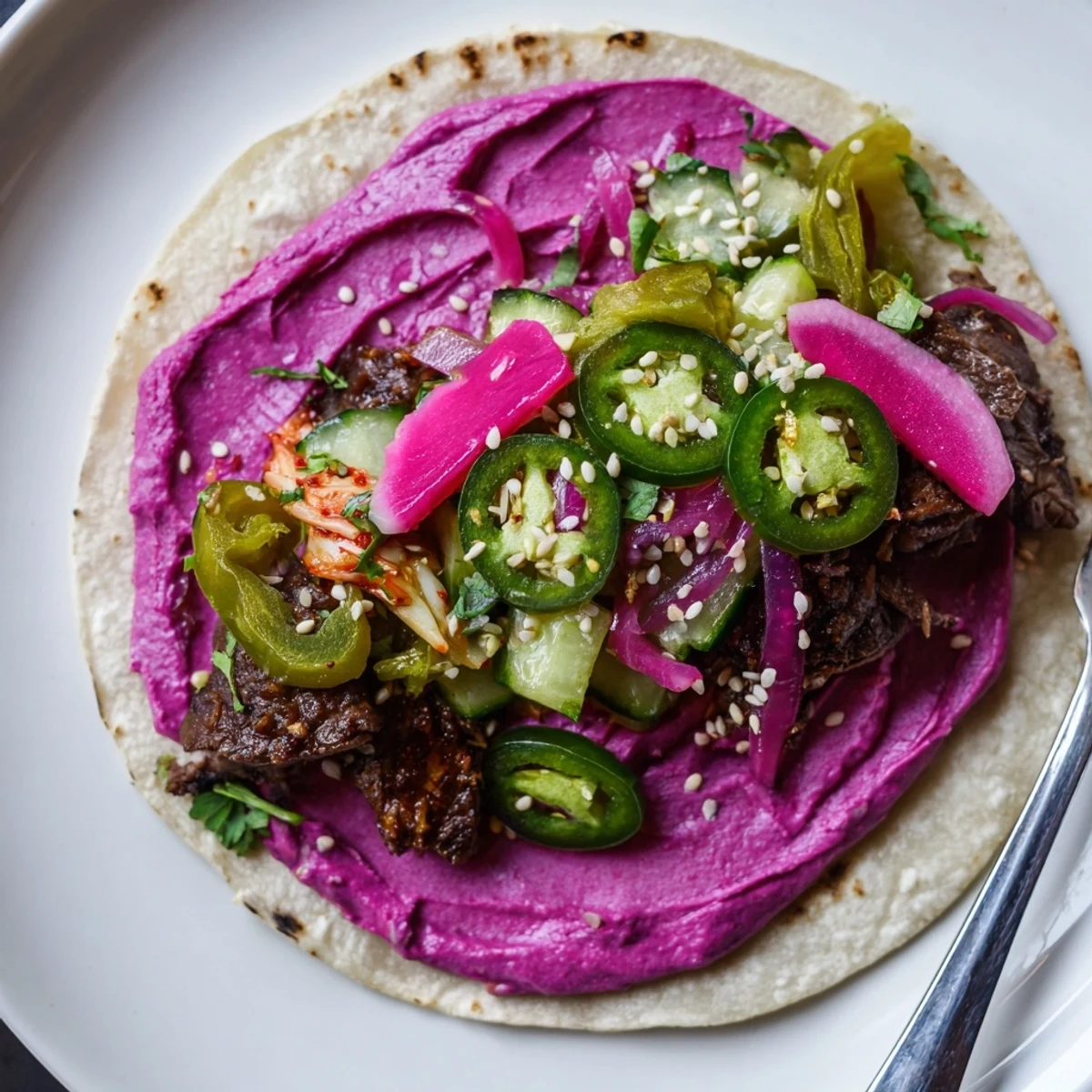 Delicious Global Street-Food Fusion Tacos topped with colorful vegetables and ube crema.  