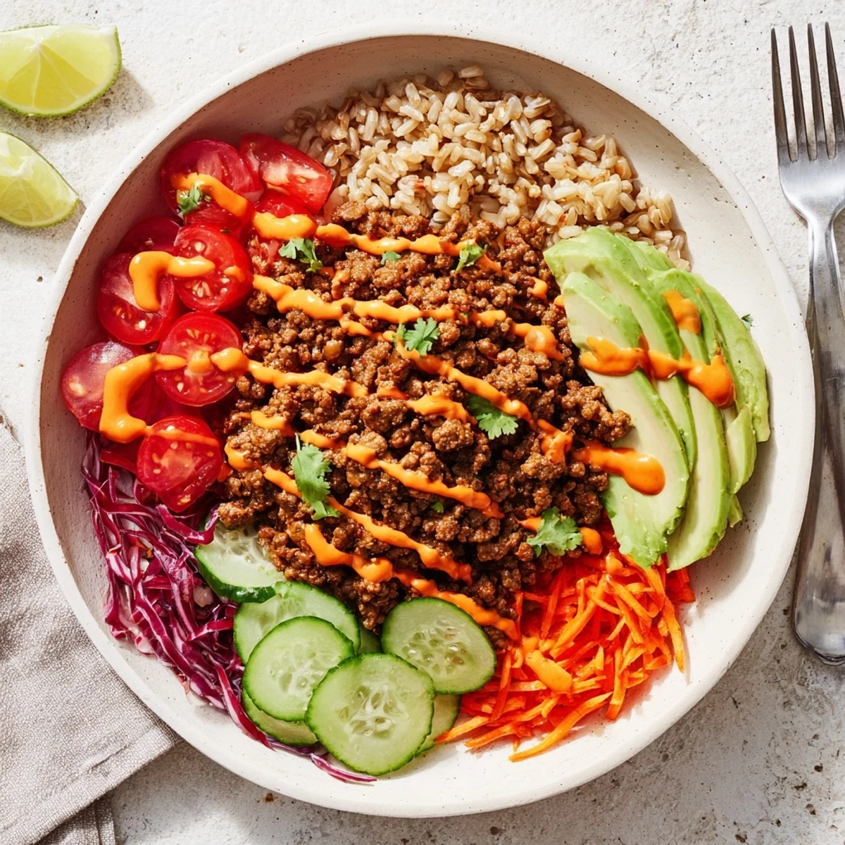 Bold and vibrant Plant-Based Meat Bowl filled with fresh veggies and creamy avocado.  