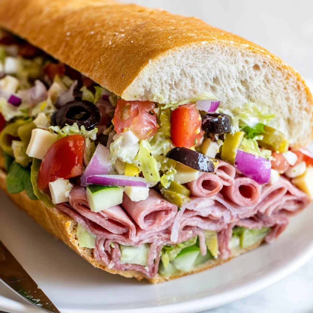 Vibrant Flavor Mash-Up Sandwiches stacked with Italian meats and fresh vegetables.  