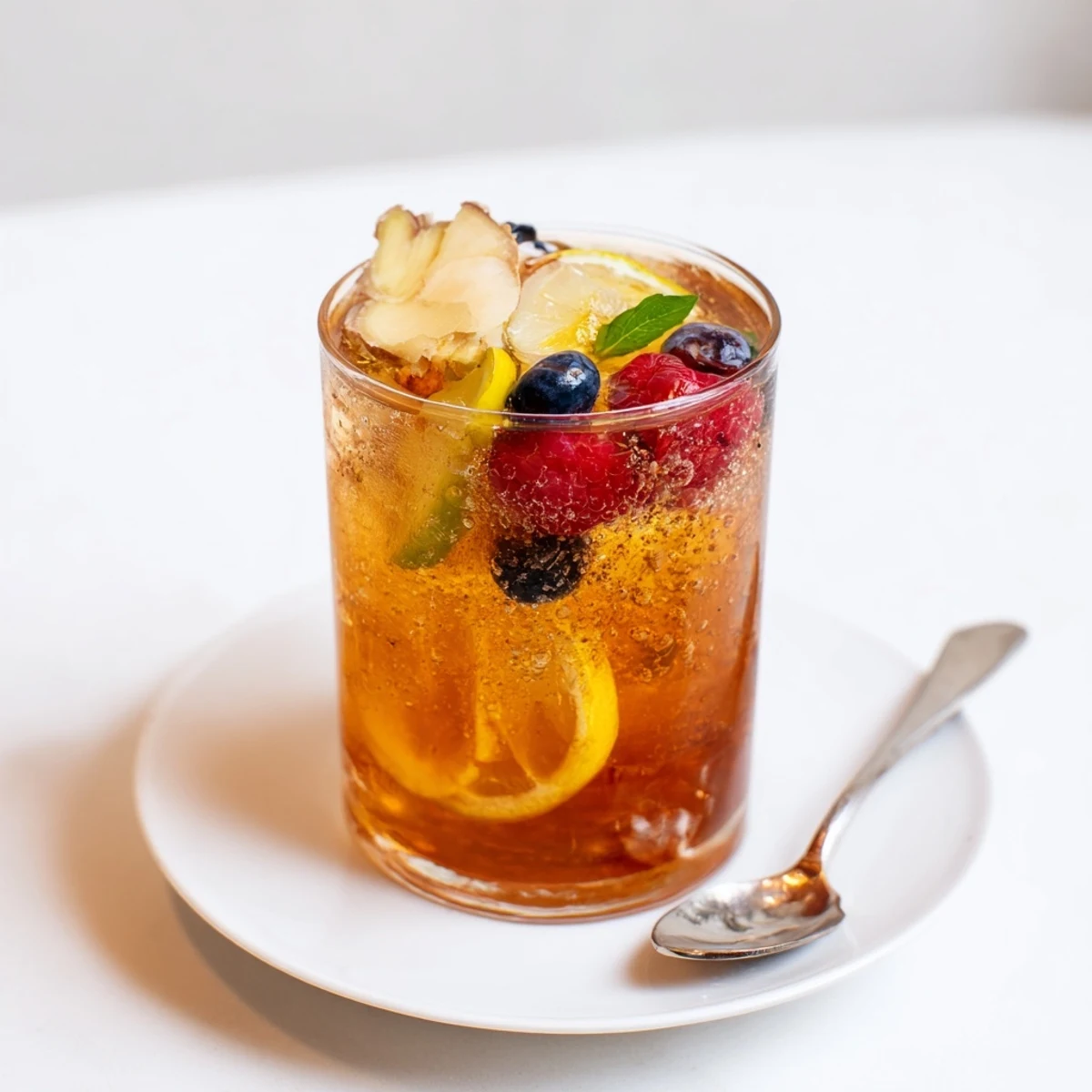 Refreshing Kombucha-Style home-brew mocktails with colorful berries and herbs.  