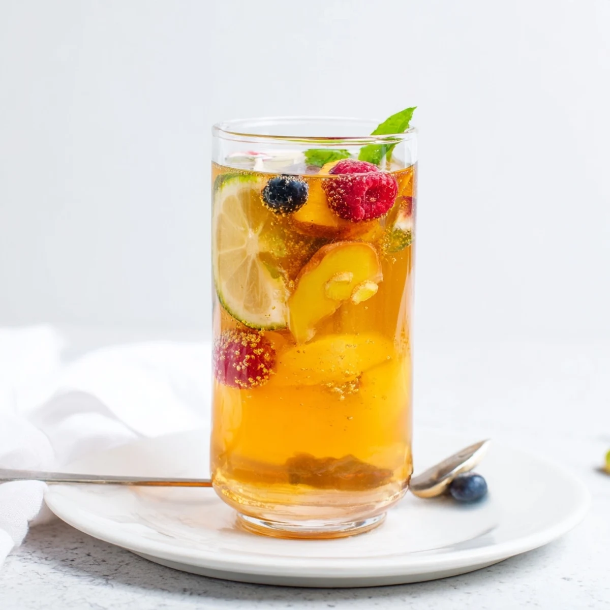 Homemade kombucha-style mocktails bubbling with flavor and vibrant citrus slices.  