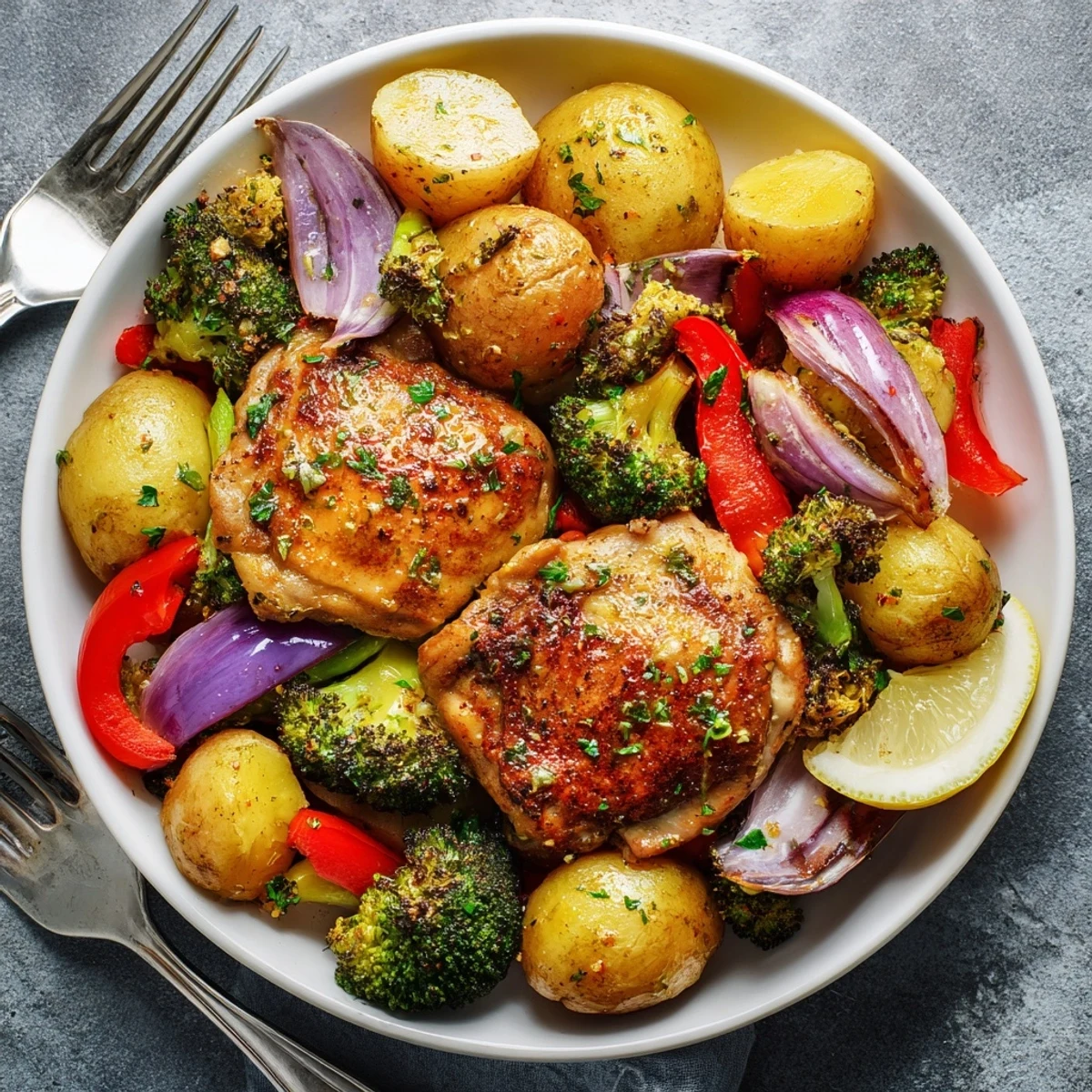Aromatic Lazy Gourmet Chicken & Vegetable One-Pot served with fresh parsley and lemon wedges.  
